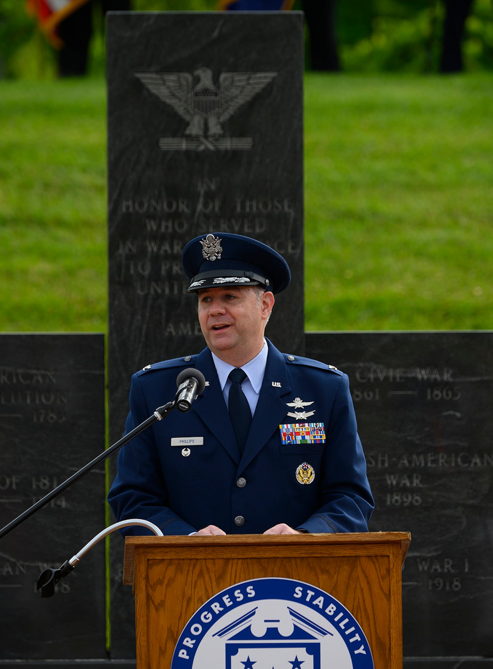 Col. Michael Phillips, 88th Air Base Wing vice commander, addresses the Centerville Memorial Day ceremony May 31. Phillips urged those in attendance to say the names of, and remember, those who died in the service of their country. U.S. AIR FORCE PHOTO/R.J. ORIEZ