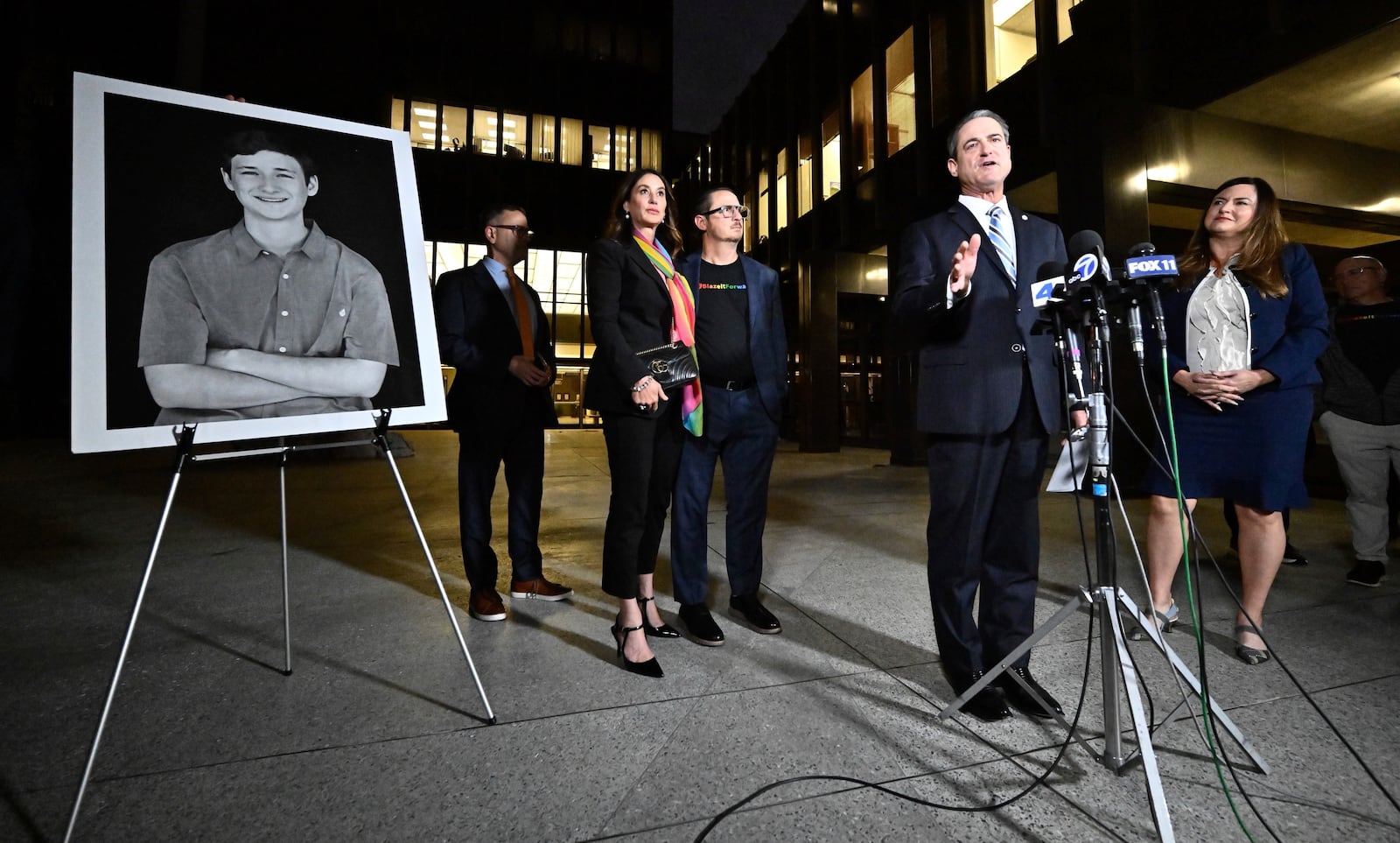 Orange County District Attorney Todd Spitzer speaks during a press conference after Samuel Woodward was sentenced to life without parole at Orange County Superior Court on Friday, Nov. 15, 2024, in Santa Ana, Calif., for the fatal stabbing of his former classmate, Blaze Bernstein, in Jan. 2018. (Jeff Gritchen/The Orange County Register via AP, Pool)