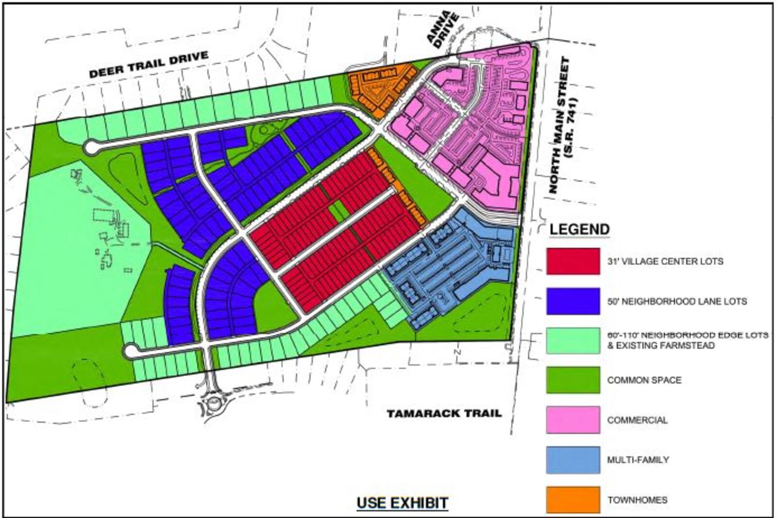 This depicts the housing type locations for the proposed $256 million Easton Farm project in Springboro. The project will go before the Springboro Planning Commission to approve a rezoning and preliminary plan approval on Wednesday. CONTRIBUTED