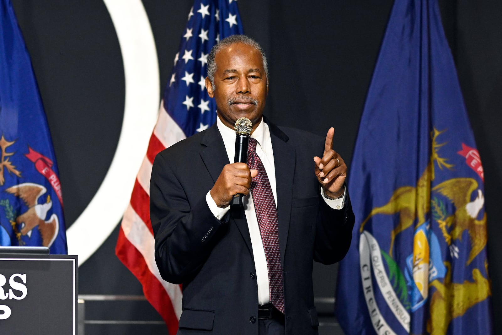 Ben Carson addresses supporters of Republican presidential nominee former President Donald Trump, Saturday, Oct. 5, 2024, in Livonia, Mich. (AP Photo/Jose Juarez)