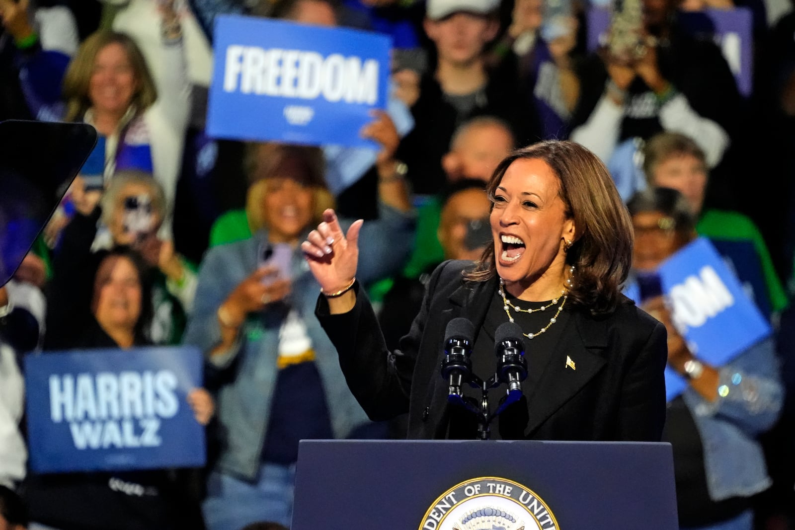 Democratic presidential nominee Vice President Kamala Harris speaks during a campaign rally at Erie Insurance Arena, in Erie, Pa., Monday, Oct. 14, 2024.(AP Photo/Gene J. Puskar)