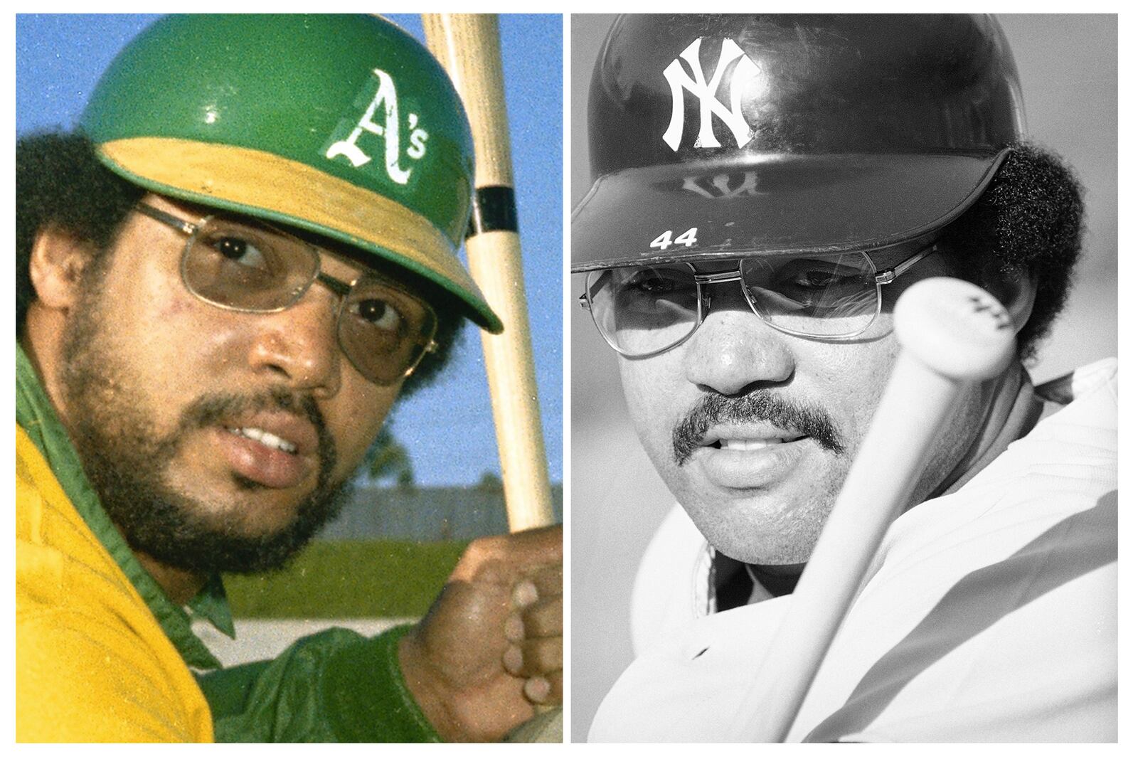 FILE - This combo of file photos shows Oakland Athletics player Reggie Jackson, left, in 1973, and as New York Yankees player on Oct. 10, 1978. (AP Photo/File)