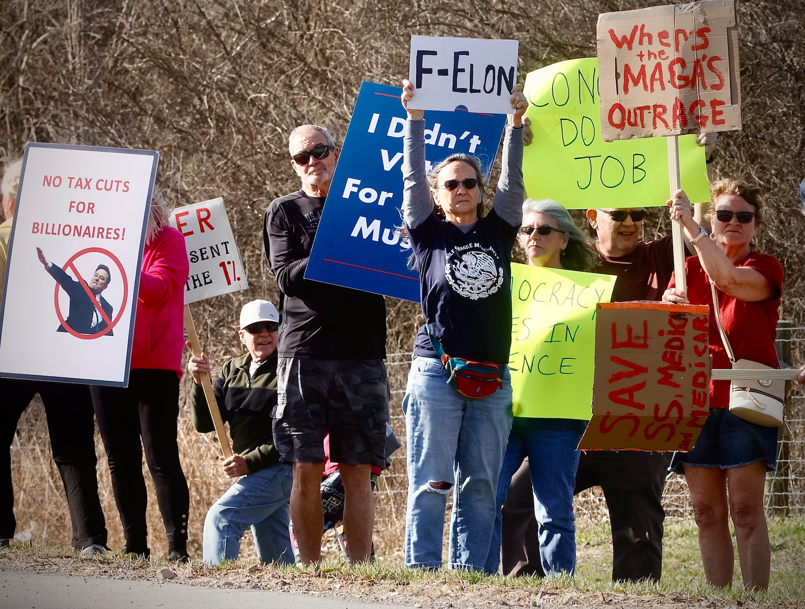 More than 100 people gathered along U.S. 35 in Beavercreek to protest against the actions of DOGE, March 18, 2025. MARSHALL GORBY/STAFF