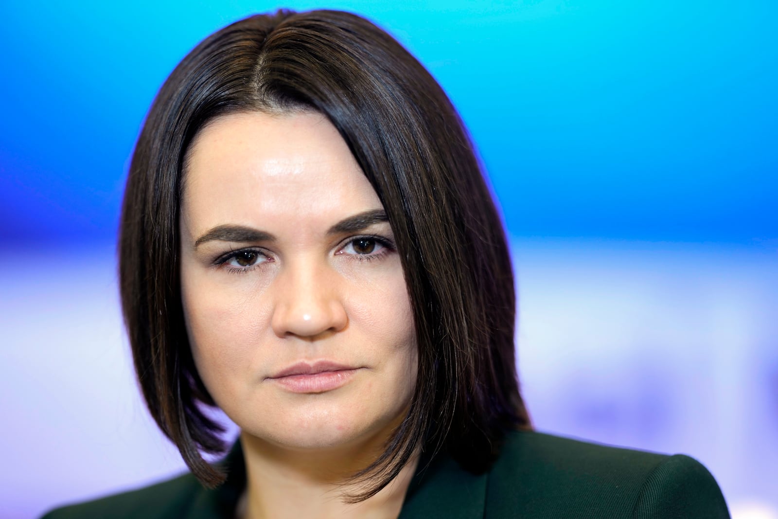 FILE - Belarusian opposition leader Sviatlana Tsikhanouskaya looks on during an interview with The Associated Press at the annual meeting of the World Economic Forum in Davos, Switzerland, Jan. 21, 2025. (AP Photo/Markus Schreiber, File)