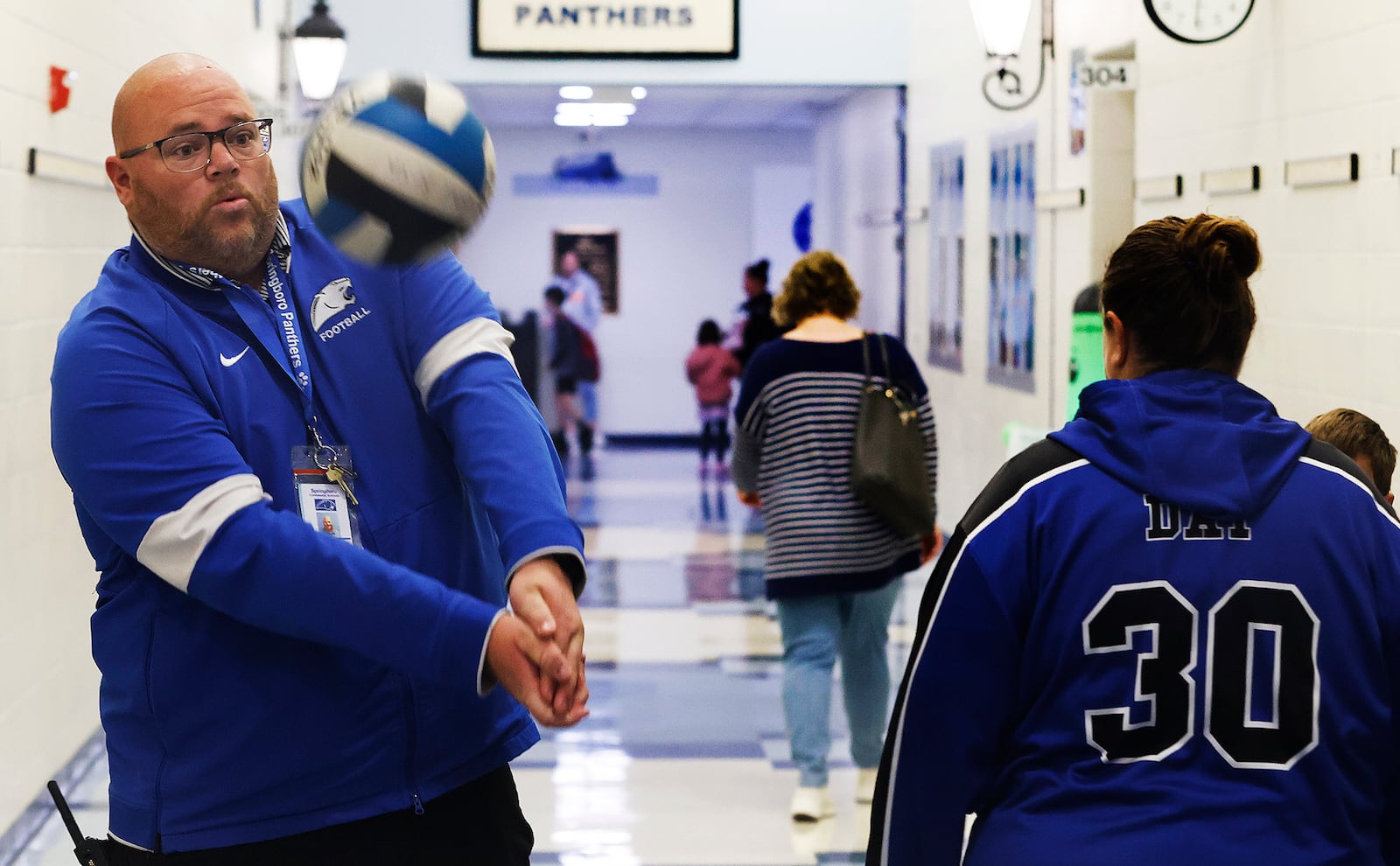 Zack Lewis, Behavior Intervention Specialist at Dennis Elementary enjoys greeting students Wednesday, Oct. 23, 2024. MARSHALL GORBY\STAFF