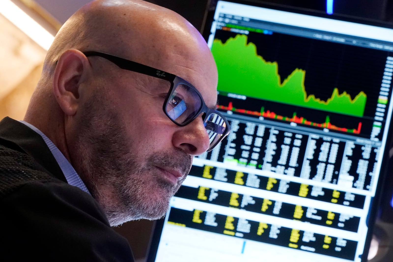 Trader Fred DeMarco works on the floor of the New York Stock Exchange, Wednesday, March 12, 2025. (AP Photo/Richard Drew)