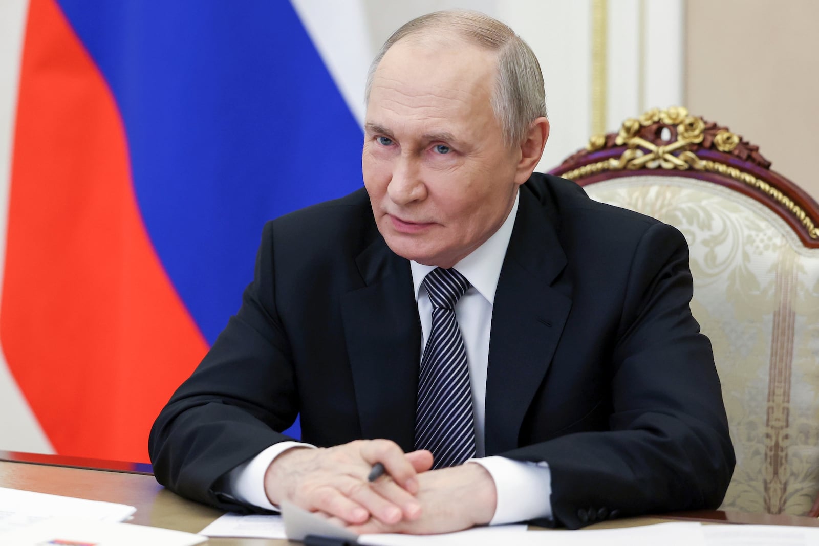 Russian President Vladimir Putin chairs a meeting of the Presidential Council for Culture and Art via videoconference at the Kremlin in Moscow, Russia, on Tuesday, March 25, 2025. (Vyacheslav Prokofyev, Sputnik, Kremlin Pool Photo via AP)