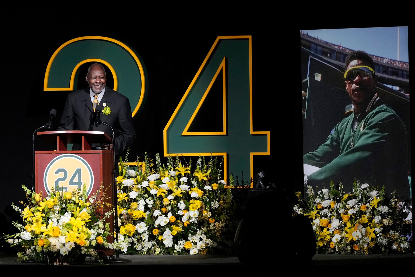 Former pitcher Dave Stewart speaks during a celebration of life for former Oakland Athletics baseball player Rickey Henderson in Oakland, Calif., Saturday, Feb. 1, 2025. (AP Photo/Jeff Chiu)