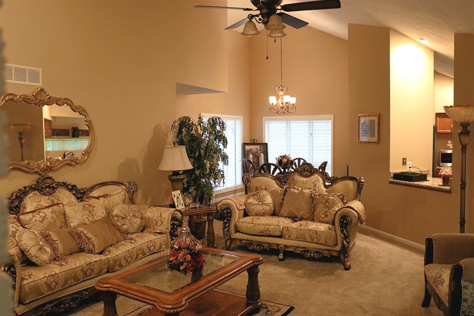 A vaulted ceiling extends over the living room and branches to another vaulted ceiling over the dining area.