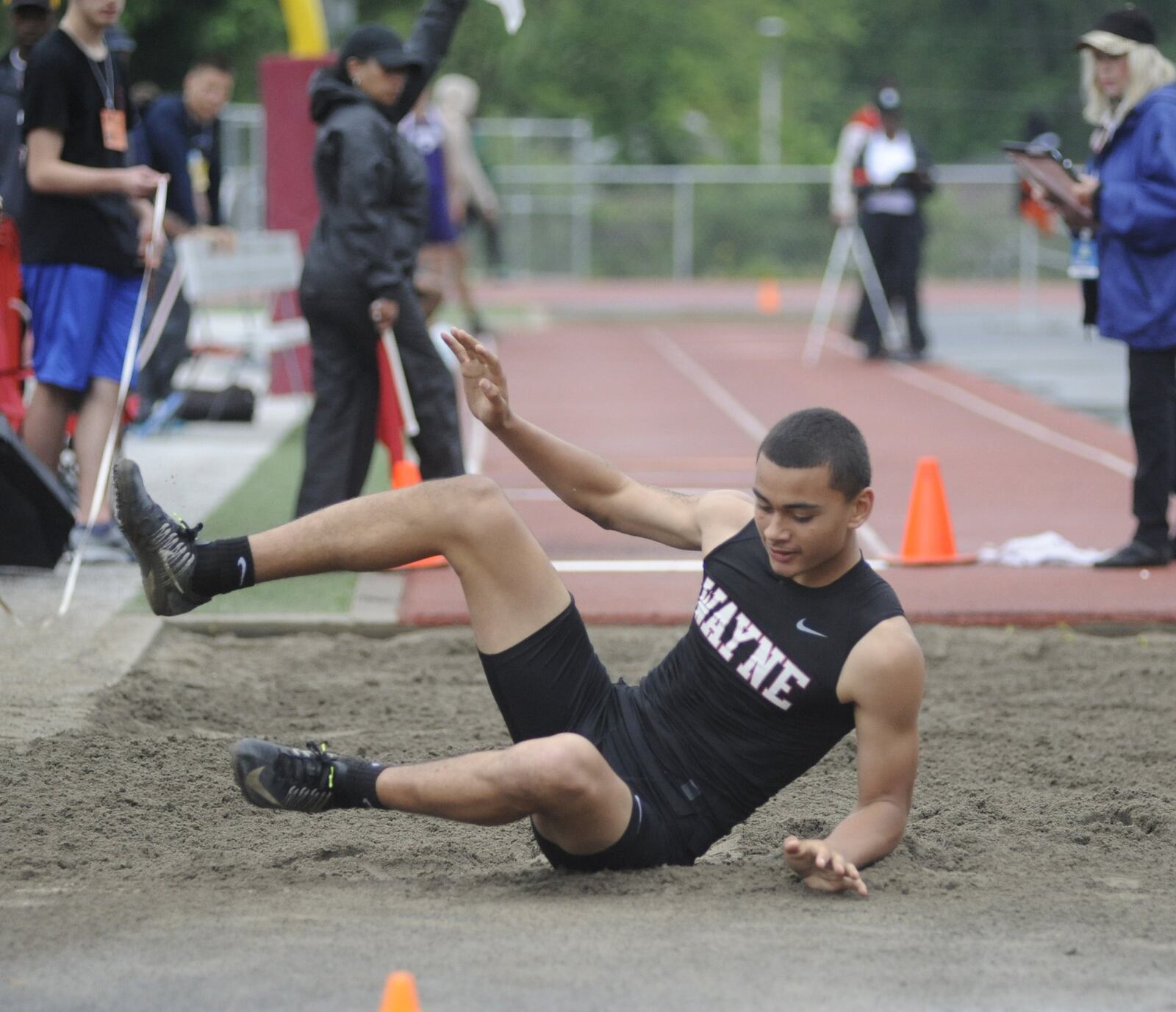 Wayne sophomore Cameron Fancher was seventh in the long jump during the Division I regional track and field meet at Wayne High School on Wednesday, May 22, 2019. MARC PENDLETON / STAFF