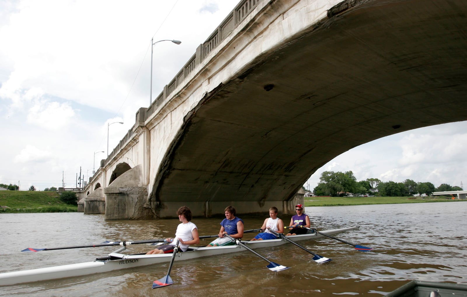 Greater Dayton Rowing Association’s men’s youth 4 boat, which includes the stroke Ryan Deffet, 3 seat Kevin Robbins, 2 seat Ted Lipowicz and bow Jeff Key, practice on the Great Miami. Staff photo by Teesha McClam