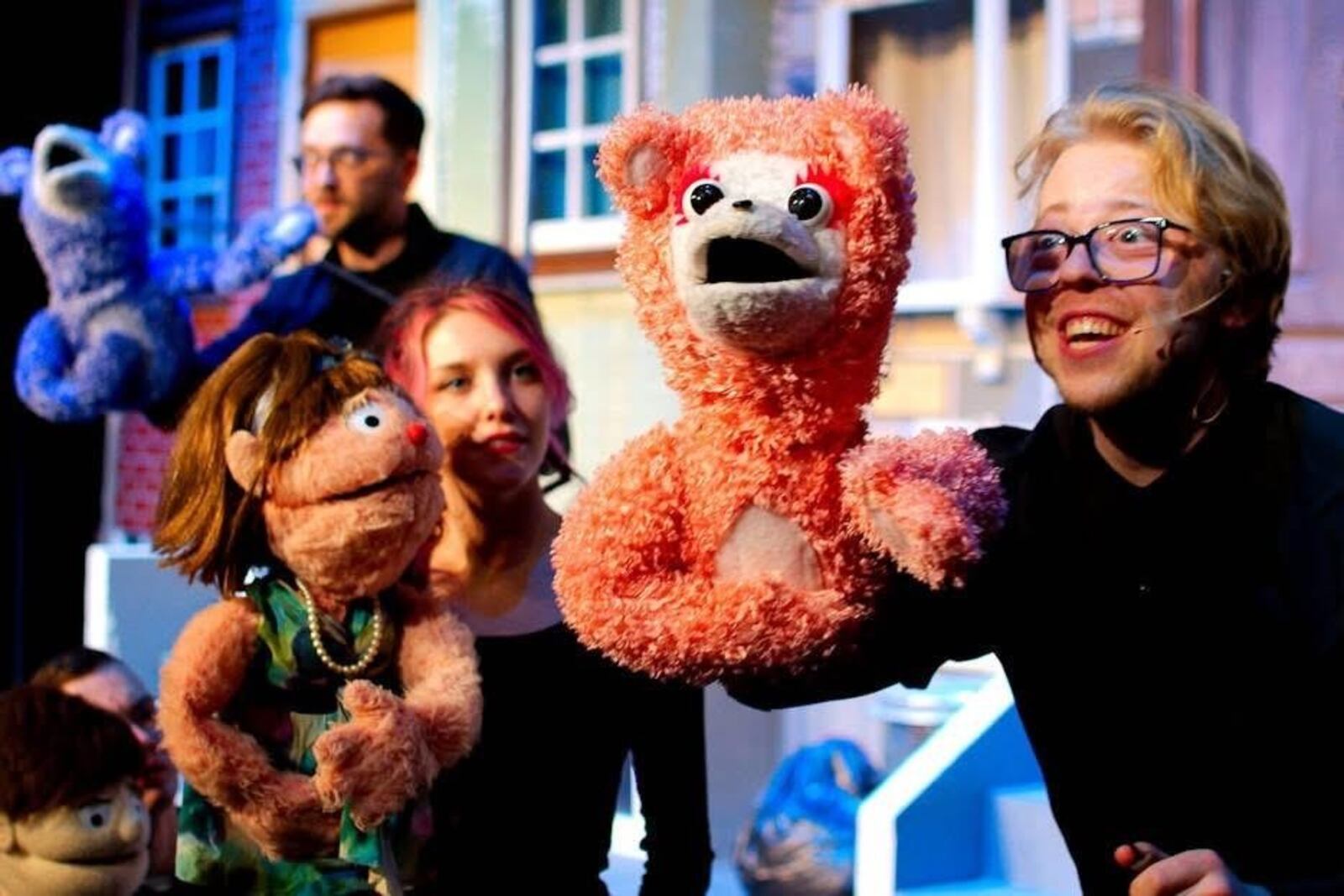 From left: Marc Driscoll (Bad Idea Bear), Sarah Roddey (Kate Monster) and Colin Drayer (Bad Idea Bear) in Dayton Playhouse's production of "Avenue Q." Photo by Ray Geiger