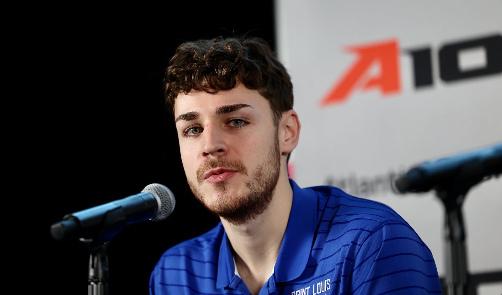 Gibson Jimerson, of Saint Louis, talks at Atlantic 10 Conference Media Day on Tuesday, Oct. 17, 2023, at the Barclays Center in Brooklyn, N.Y. David Jablonski/Staff