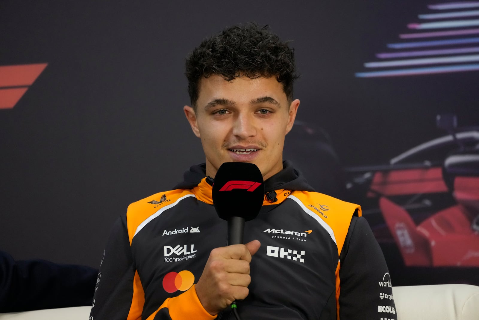 McLaren driver Lando Norris of Britain talks at a press conference during a Formula One pre-season test at the Bahrain International Circuit in Sakhir, Bahrain, Thursday, Feb. 27, 2025. (AP Photo/Darko Bandic)