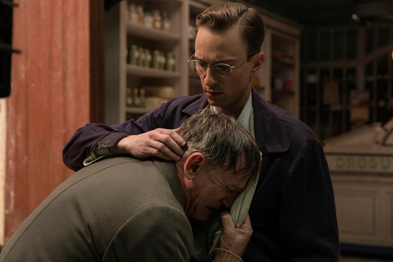 This image released by A24 shows Daniel Craig, left, and Drew Starkey in a scene from "Queer." (Yannis Drakoulidis/A24 via AP)