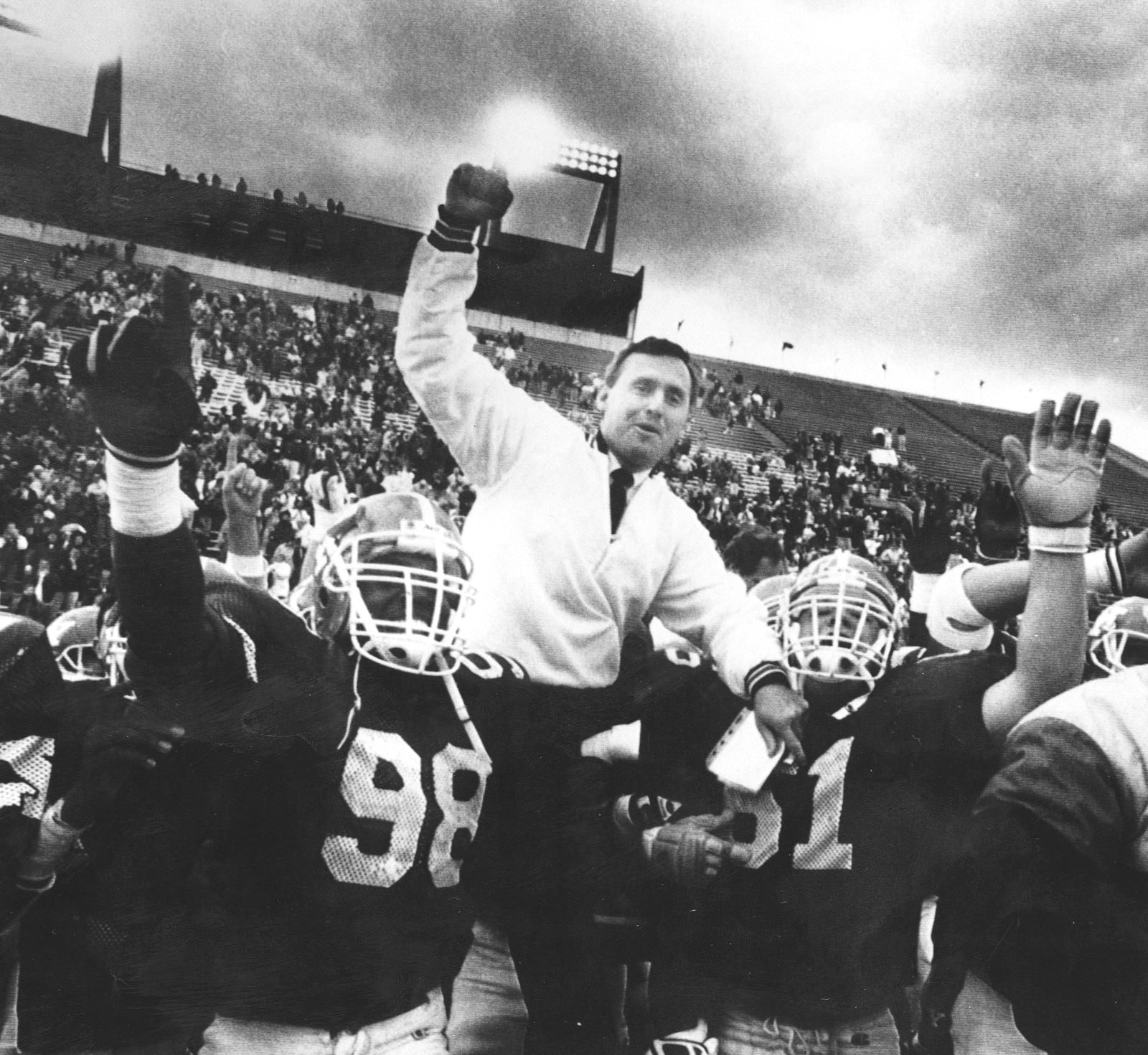 Youngstown St. Univ. coach Jim Tressel, 38-17 win over Univ. of Maine. DAYTON DAILY NEWS ARCHIVES