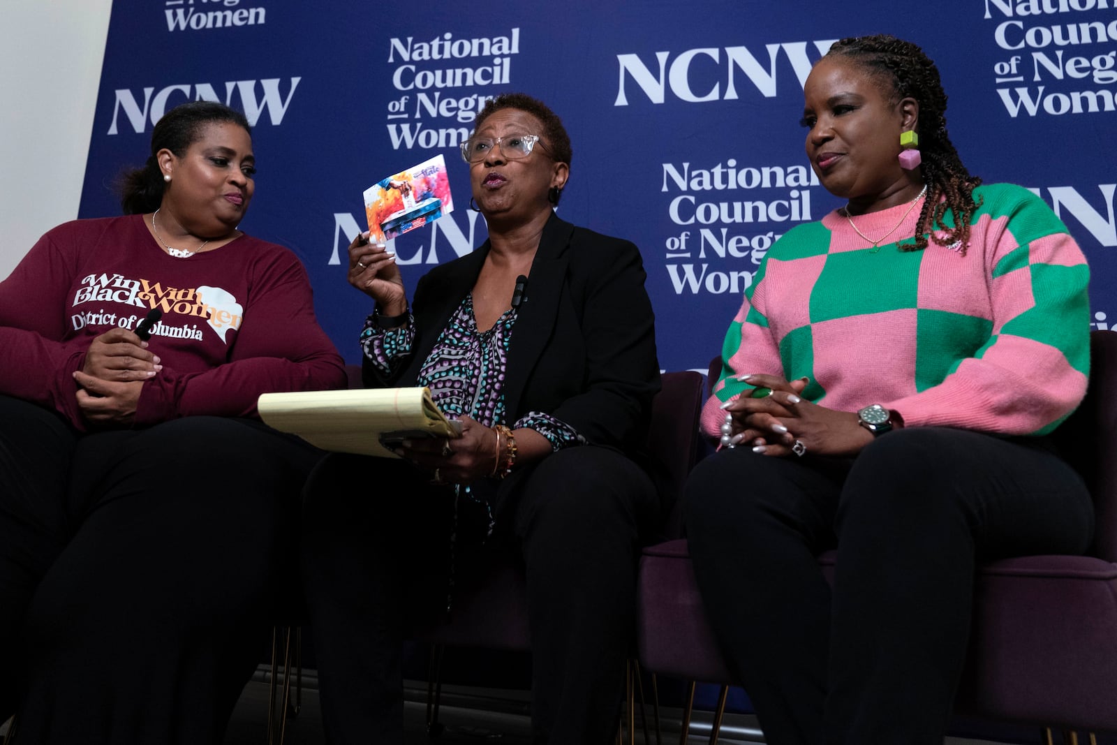 Members of the Black Women's Leadership Collective from left; Holli Holliday, President, Sisters Lead Sisters Vote & lead organizer, Win With Black Women, Portia Reddick White, Vice President Advocacy and Policy, National Council of Negro Women (NCNW) and Roslyn Brock, Chairman Emeritus, NAACP, share election updates and voting information in battleground communities via livestream at the national Council of Negro Women in Washington, Tuesday, Nov. 5, 2024. (AP Photo/Jose Luis Magana)