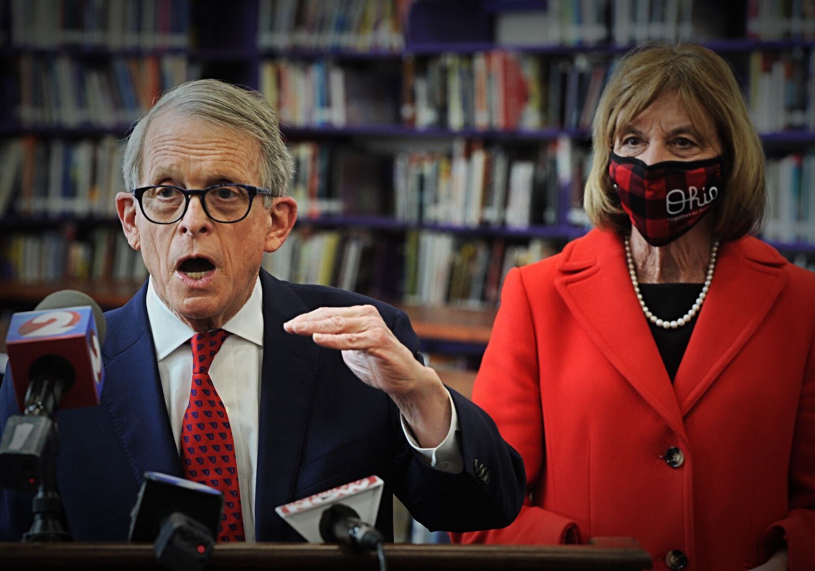 Gov. Mike DeWine addresses the media after touring a COVID-19 vaccination clinic at Thurgood Marshall High school in Dayton on Sunday. / Staff photo by Marshall Gorby