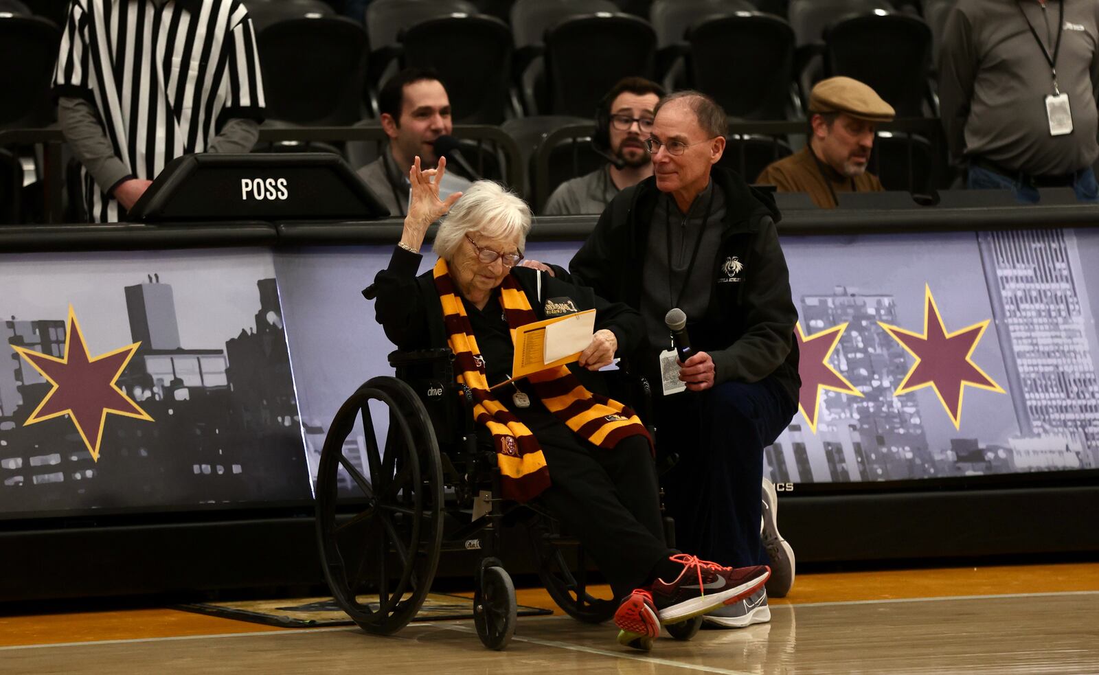 Loyola Chicago fan Sister Jean waves to the crowd before a game against Dayton on Friday, Feb. 17, 2023, at Gentile Arena in Chicago, Ill. David Jablonski/Staff