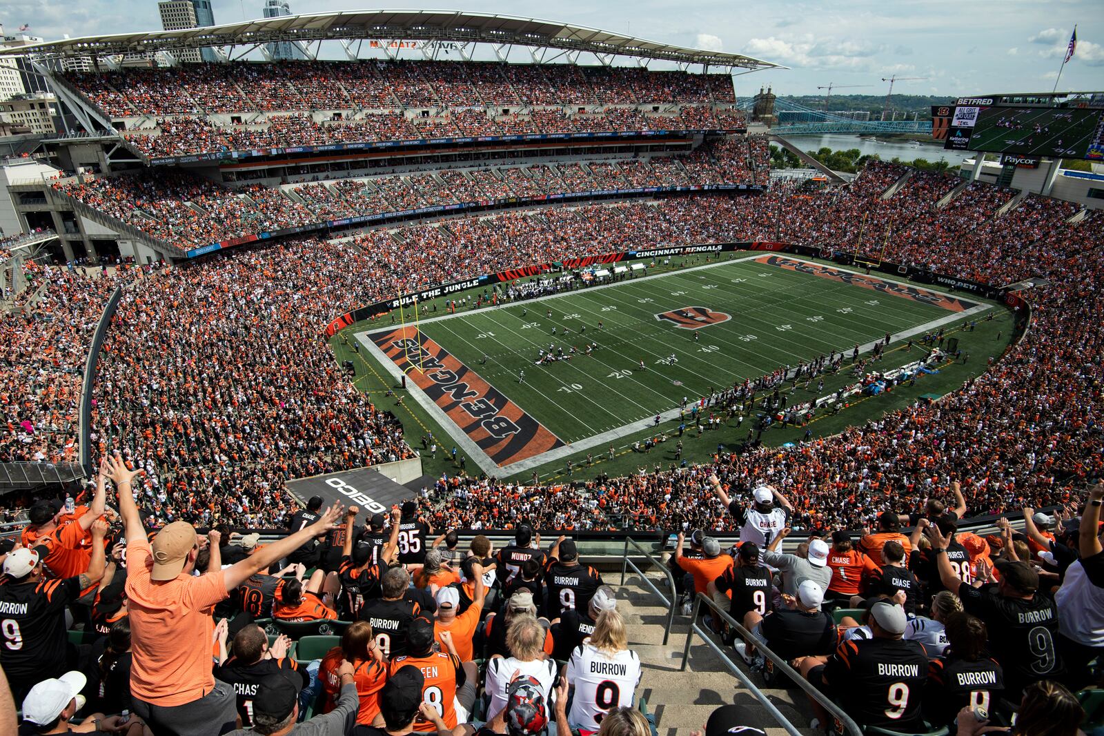 FILE -A general view of Paycor Stadium during an NFL football game between the Cincinnati Bengals and Baltimore Ravens on Sunday, Sept. 17, 2023, in Cincinnati. The Cincinnati Bengals plan to spend up to $120 million for upgrades to Paycor Stadium as part of showcasing the team's “support and commitment to a successful future in Cincinnati.” The construction, which will run through 2026, is a “necessary part of a long-standing plan to keep a successful team in Cincinnati and keep the Bengals competitive across the NFL,” the team said in a statement Tuesday, May 21, 2024. (AP Photo/Emilee Chinn, File)