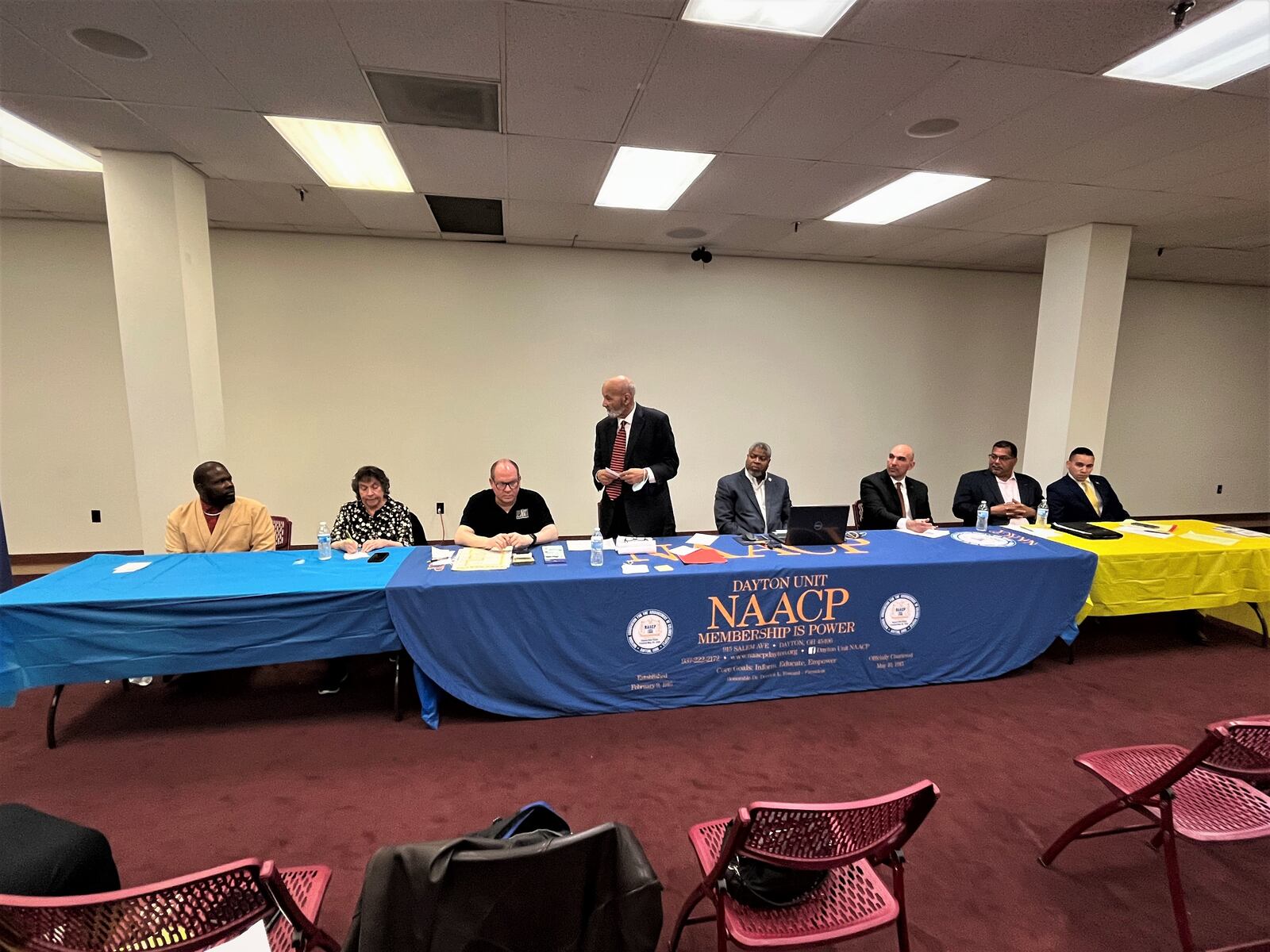 The Dayton Unit NAACP hosted a town hall-style candidate forum on April 25, 2023. The six commission candidates attended and answered questions. From left, Marcus Bedinger, Valerie Duncan, David Esrati, Tom Roberts (Dayton Unit VP), Derrick Foward (president of Dayton Unit), Matt Joseph, Chris Shaw and Jordan Wortham. CORNELIUS FROLIK / STAFF