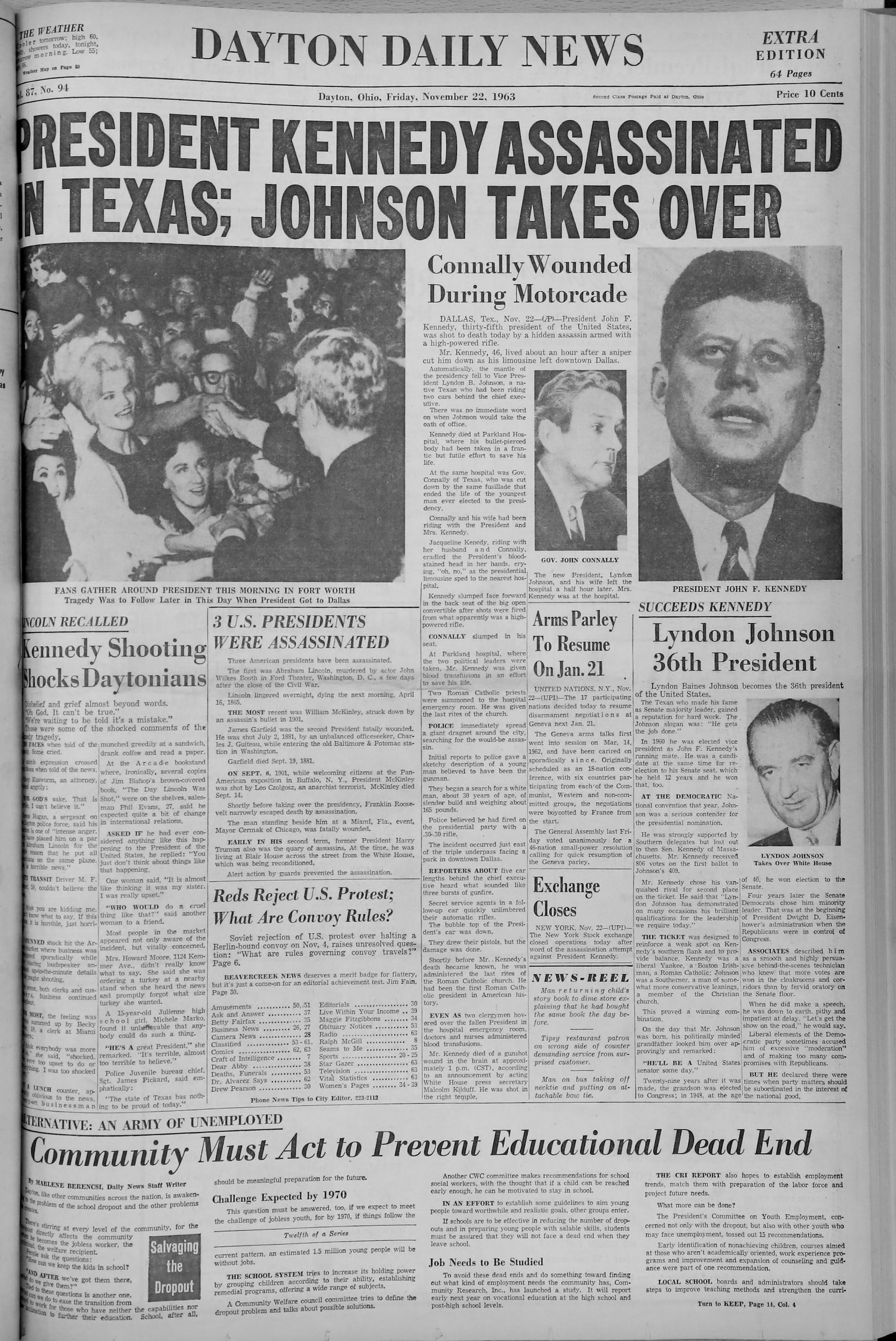 November 22, 1963:  The front page of the Dayton Daily News covering the assassination of John F. Kennedy. VIEW THE FULL-SIZE PAGE: https://www.daytondailynews.com/rw/Pub/p9/DaytonDailyNews/2018/08/14/Images/1963_11_22.jpg