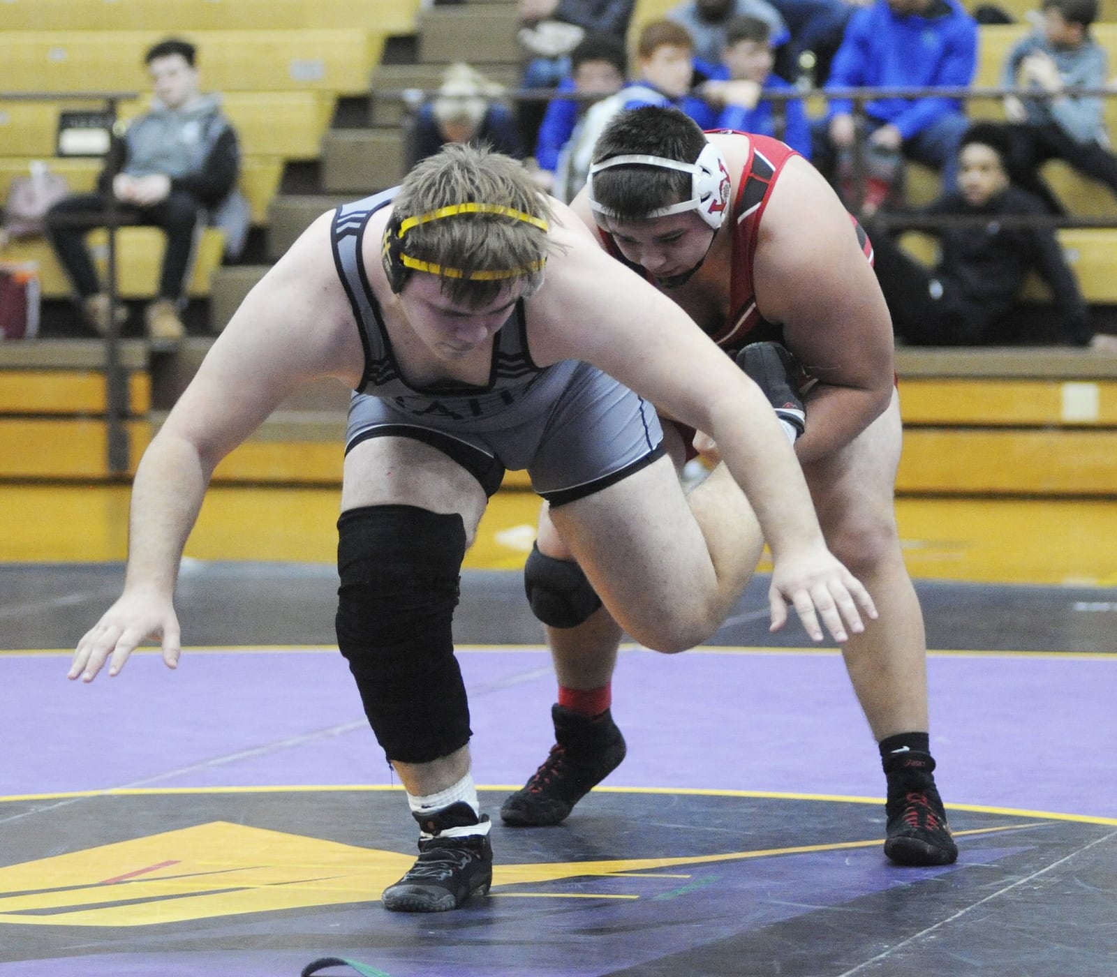 Jacob Padilla of Wayne (right) decisioned Johnny Shafer of Graham 5-3 in OT in the 285-pound final of the GMVWA Holiday Tournament at Vandalia on Friday, Dec. 28, 2018. MARC PENDLETON / STAFF