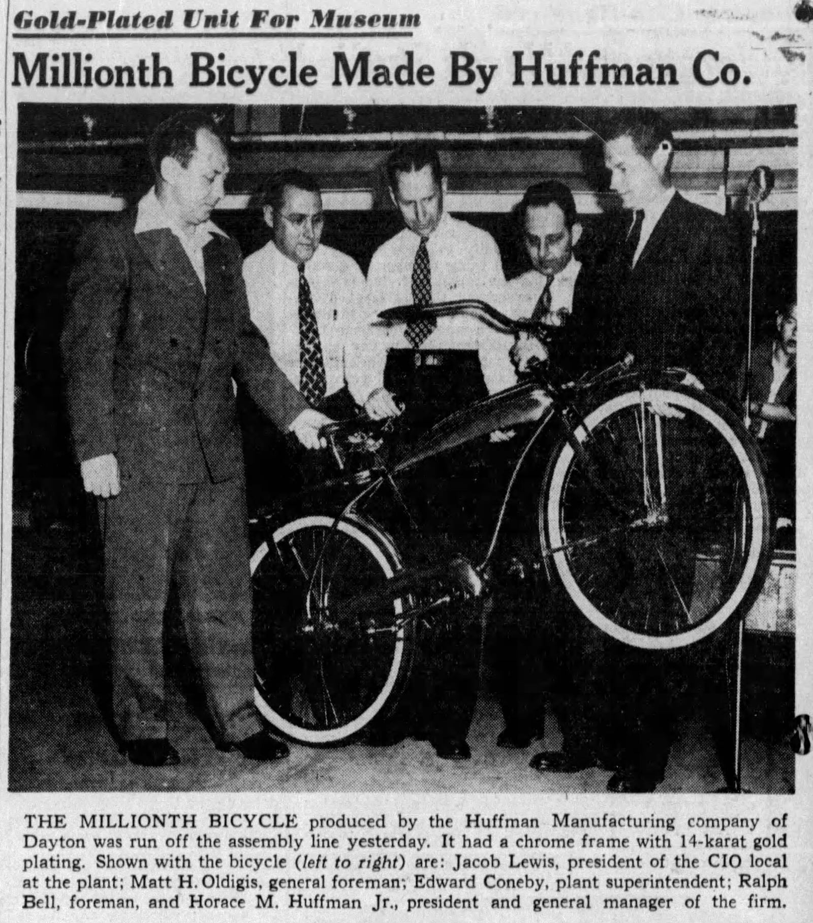 The one-millionth bicycle manufactured by Huffman Manufacturing rolled off the assembly line on May 13, 1947. It had a chrome frame plated with 14-karat gold. DAYTON HEARLD ARCHIVES 1947