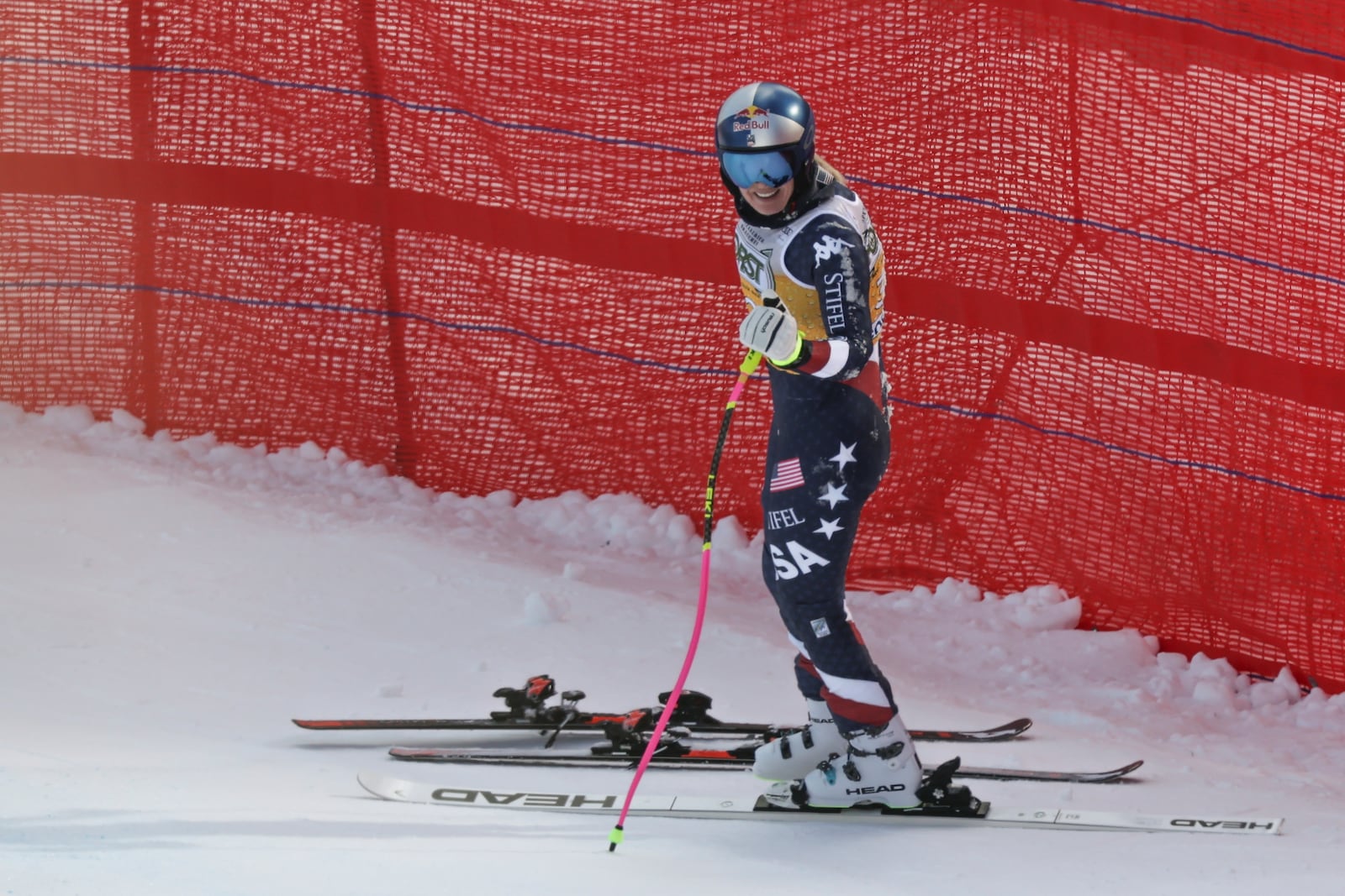 United States' Lindsey Vonn reacts after crashing during an alpine ski, women's World Cup downhill training, in Cortina d'Ampezzo, Italy, Thursday, Jan. 16, 2025. (AP Photo/Marco Trovati)