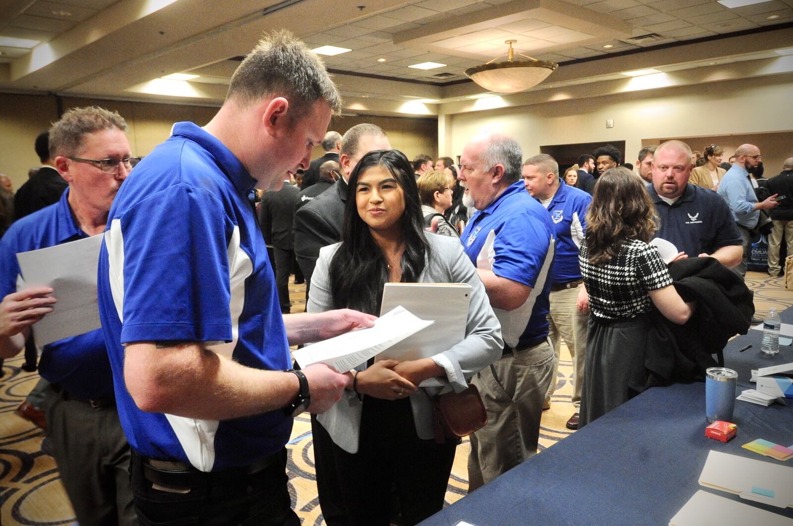 Jobseekers fill the Holiday Inn in Fairborn on Wednesday, March 22, 2023, for the one-day Air Force Life Cycle Management Center hiring event. AFLCMC is based at Wright-Patterson Air Force Base, home to some 35,000 military and civilian employees. MARSHALL GORBY \STAFF