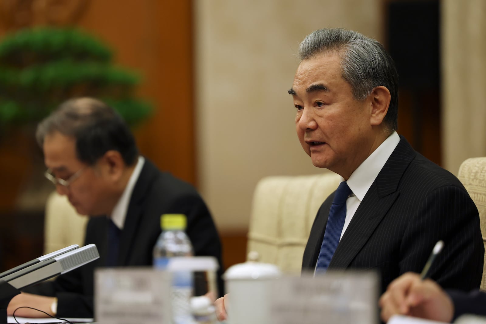 Chinese Foreign Minister Wang Yi attends a meeting with Britain's Foreign Secretary David Lammy at the Diaoyutai State Guesthouse in Beijing, China, Friday, Oct. 18, 2024. (Florence Lo/Pool Photo via AP)