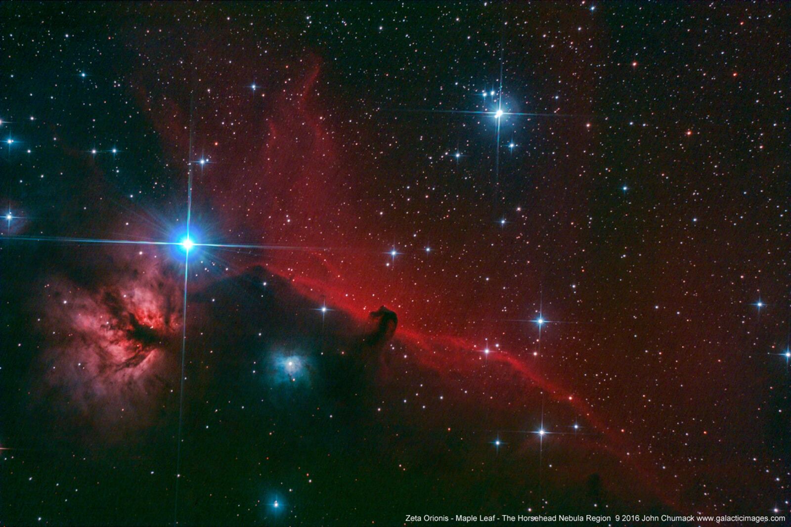 Zeta Orionis , Maple Leaf,  Horsehead Nebula Complex 80 Minute exposure, Modified Canon Rebel Xsi, & 5.5" Diameter Newt. Scope, ISO 1600.  Yellow Springs, Ohio 01-03-2016