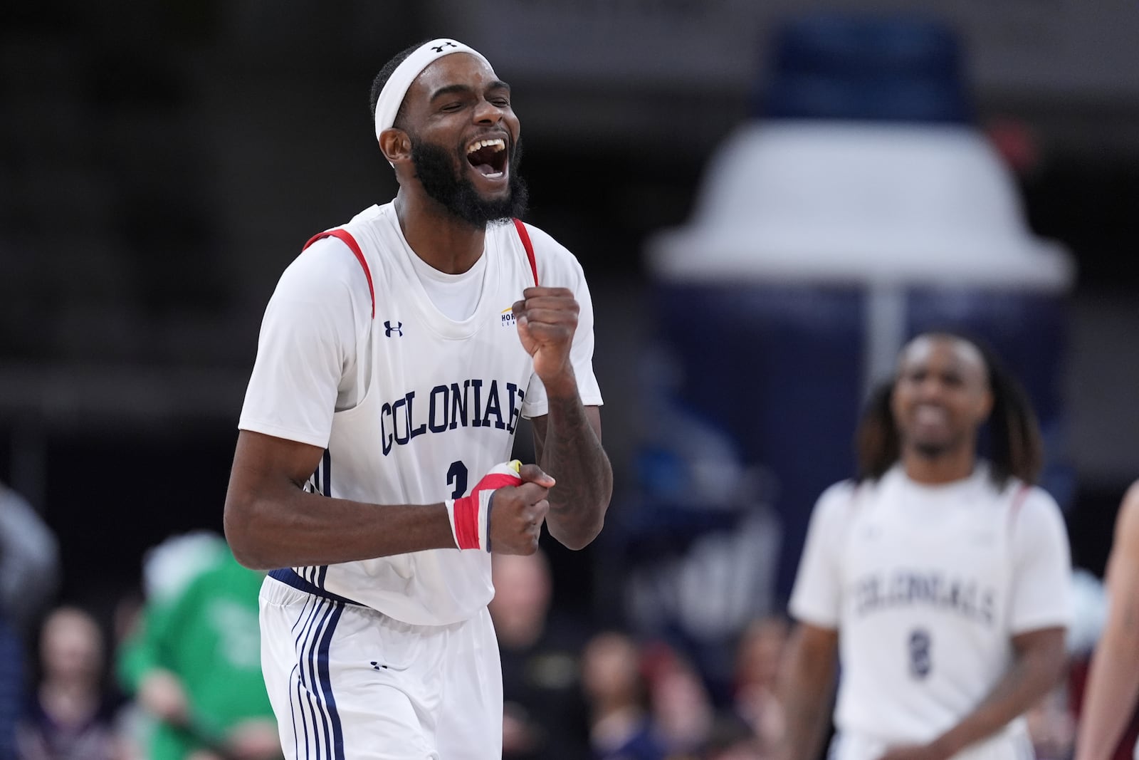 Robert Morris guard Amarion Dickerson (3) celebrates in the second half of an NCAA college basketball game in the championship of the Horizon League tournament against Youngstown State in Indianapolis, Tuesday, March 11, 2025. (AP Photo/Michael Conroy)