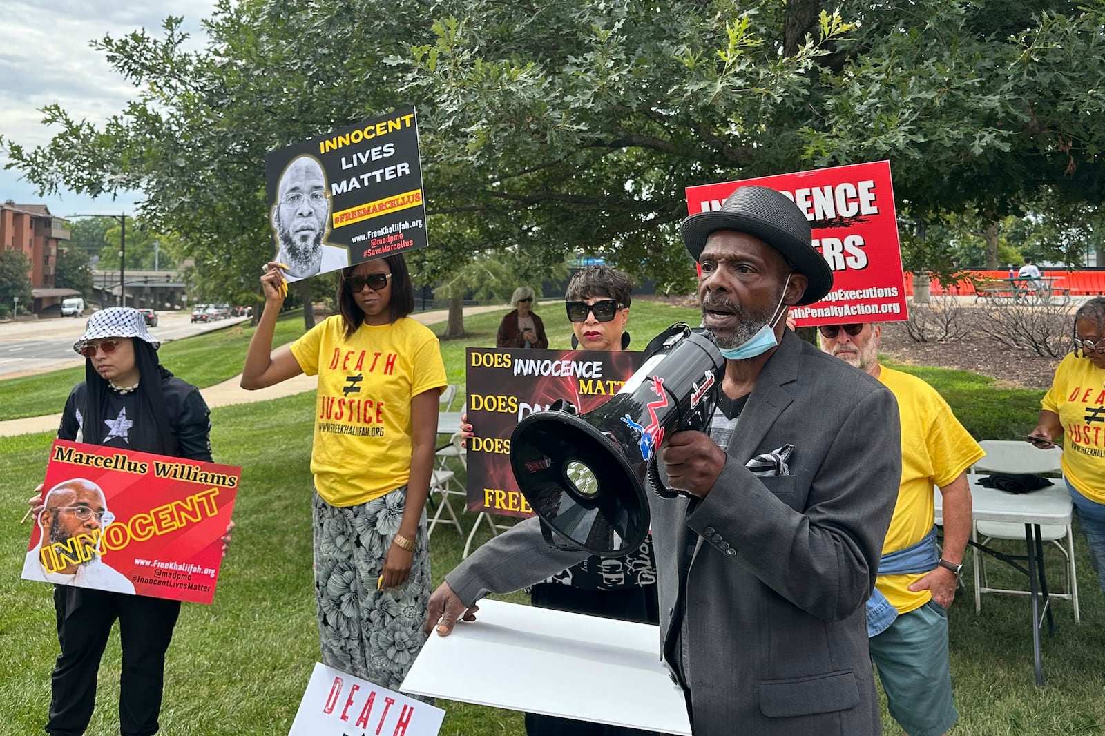 FILE - Joseph Amrine, who was exonerated two decades ago after spending years on death row, speaks at a rally to support Missouri death row inmate Marcellus Williams in Clayton, Mo., Aug. 21, 2024. (AP Photo/Jim Salter, File)