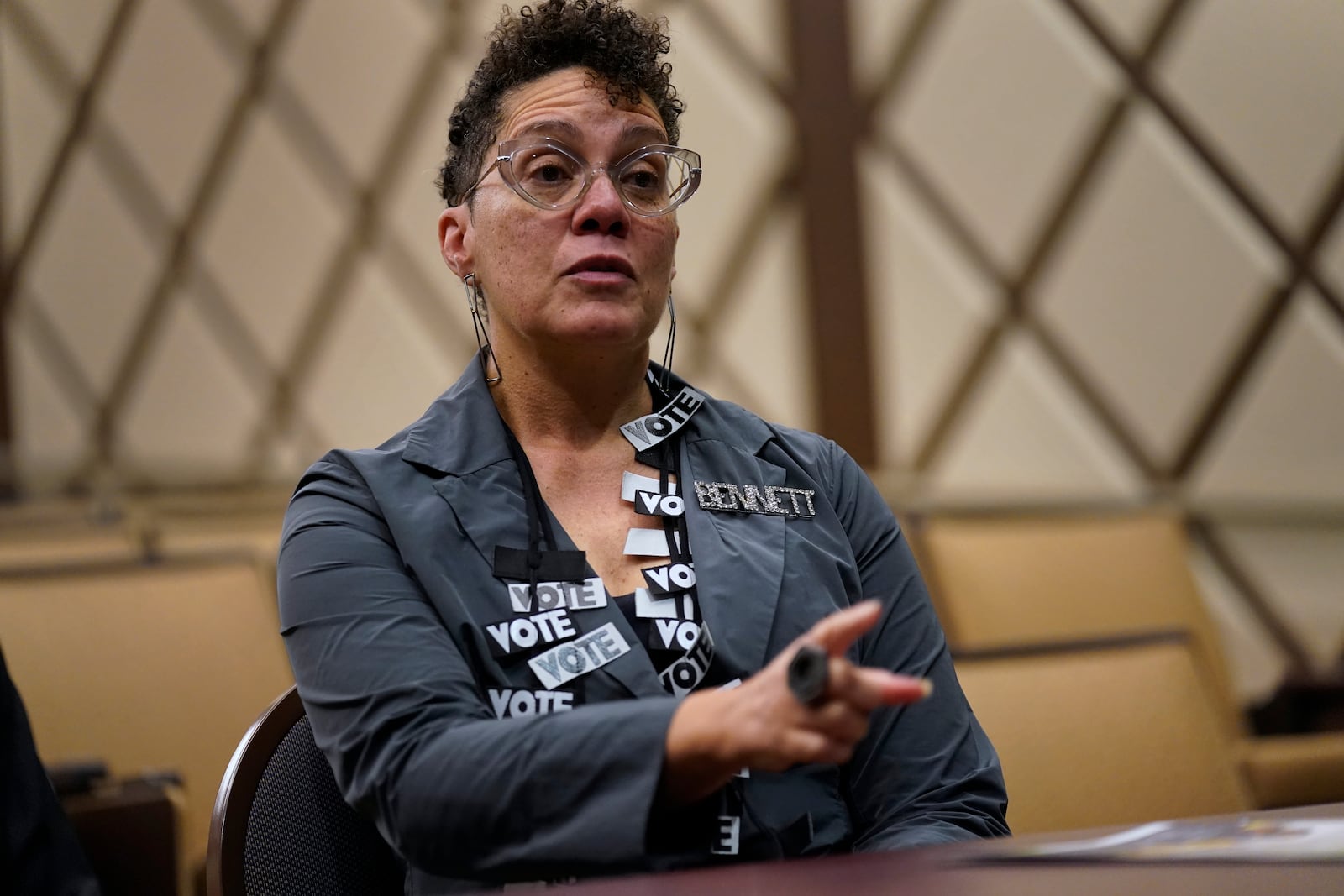 Bennett College President Suzanne Elise Walsh answers a question during a roundtable in Greensboro, N.C., Tuesday, Oct. 8, 2024. (AP Photo/Chuck Burton)