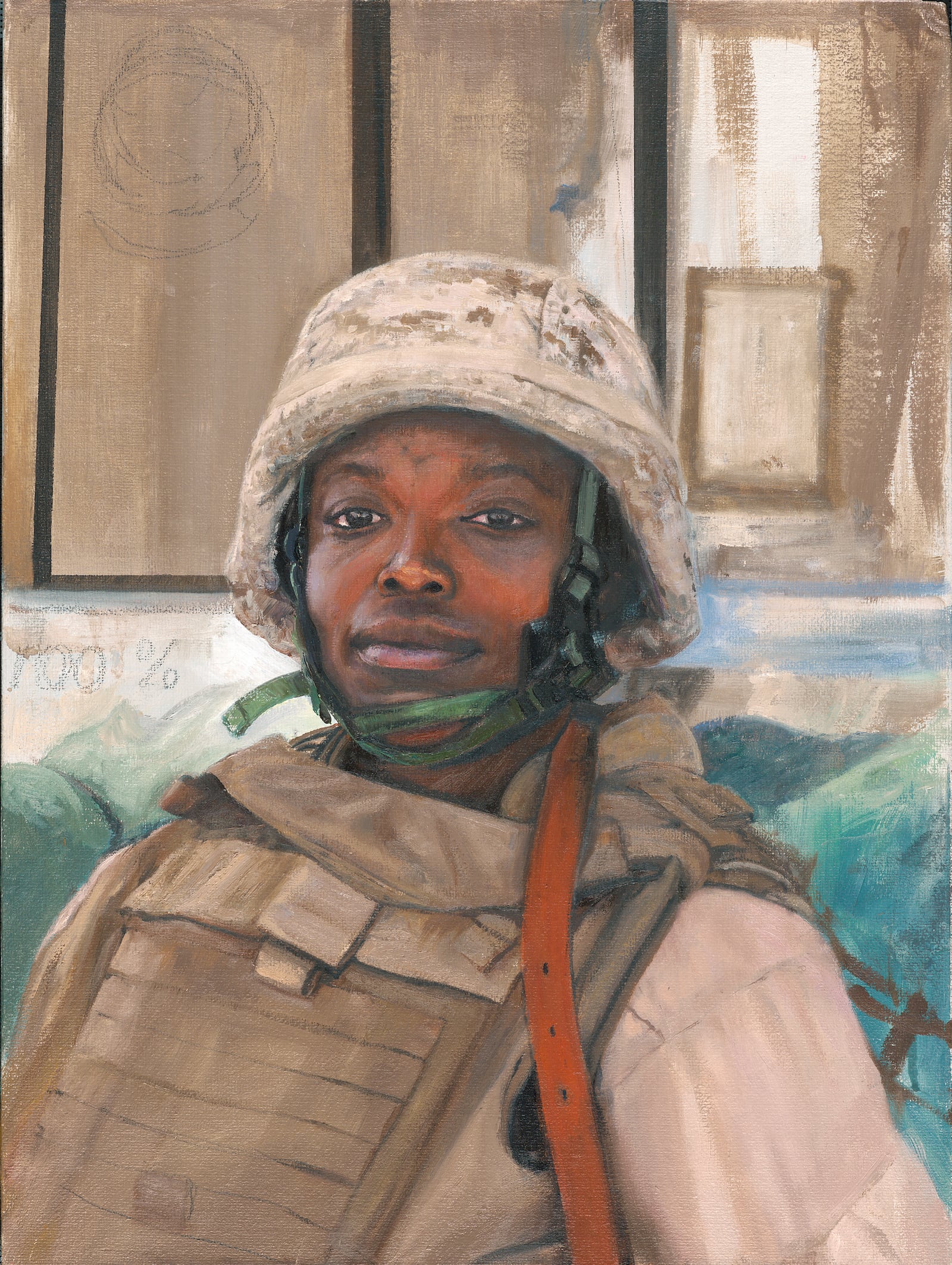 Portrait of Captain Elizabeth Okoreeh-Baah of VMM-263 by Staff Sergeant Kristopher J. Battles, USMCR. Oil on linen. Captain Okoreeh-Baah is on station in Iraq with Marine Medium Tiltrotor Squadron 263 in 2007. She flew CH-46E Sea Knights before she transitioned to the MV-22B Osprey, the first female Marine to do so. CONTRIBUTED