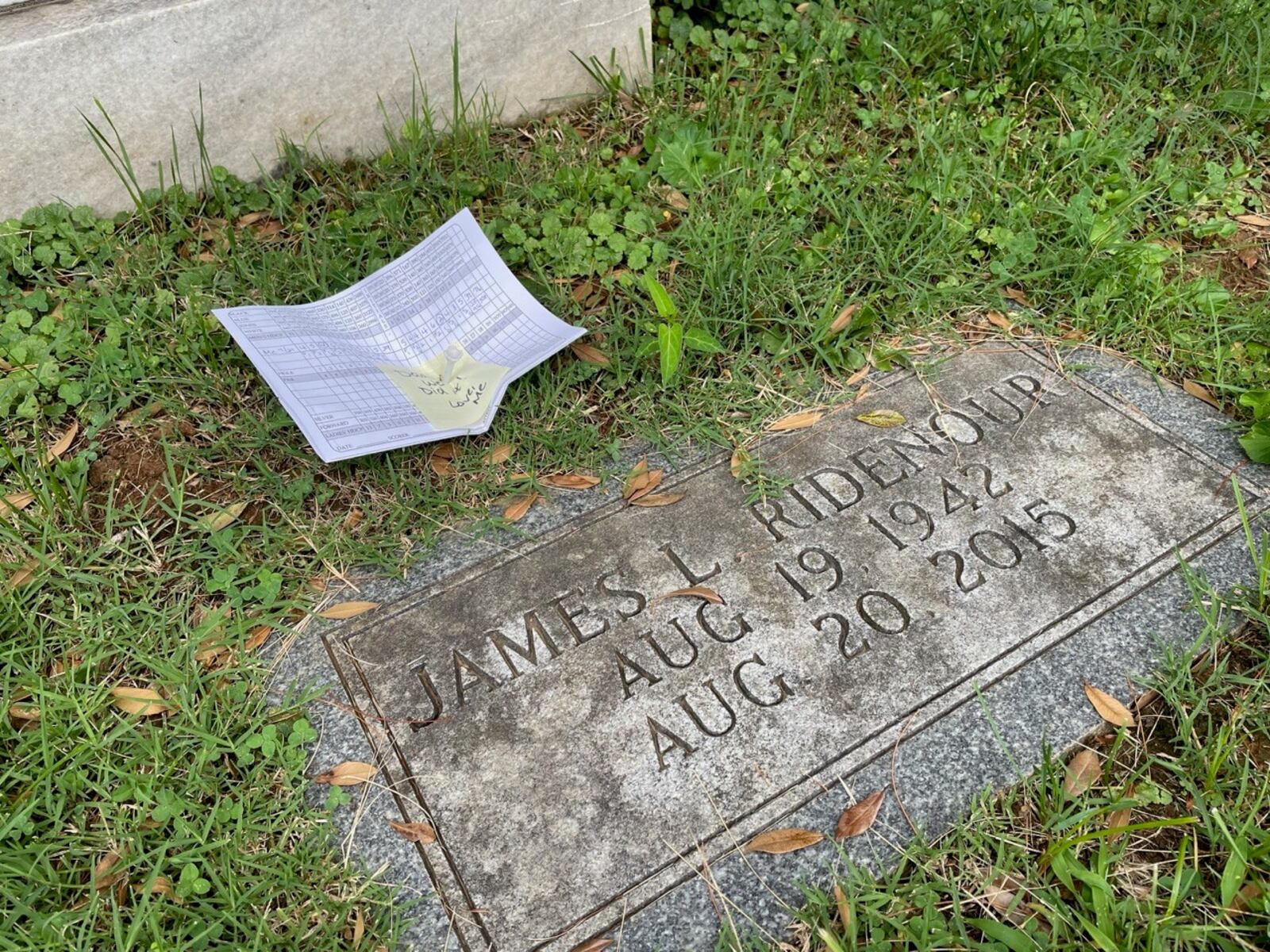 CHRISTINE 1 --  After qualifying last month for the 2022 U.S. Senior Women’s Open at NCR County Club, Christine Lindsey took her scorecard took her dad’s grave at Cave Hill Cemetery in Louisville and fastened it in the ground with a golf tee. Seven years ago she and her dad – who used to be her caddy – had planned to try to make this tournament, which would be the first year Christine was 50 and eligible to play. Soon after they made their plan, Jim died suddenly (in August of 2015.), When she put the scorecard on his give she added  note to it that read: Dad, we did it! Love me” CONTRIBUTED