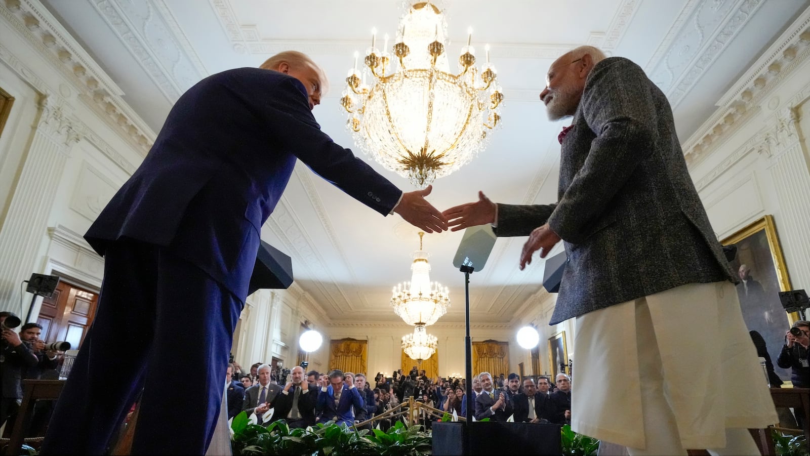 President Donald Trump and India's Prime Minister Narendra Modi shake hands during a news conference in the East Room of the White House, Thursday, Feb. 13, 2025, in Washington. (Photo/Alex Brandon)