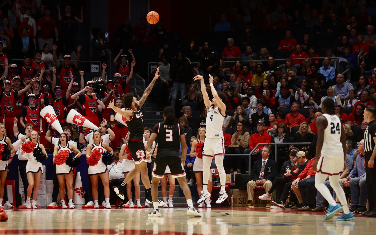 Dayton's Koby Brea makes a 3-pointer late in the first half against SIUE on Monday, Nov. 6, 2023, at UD Arena. David Jablonski/Staff