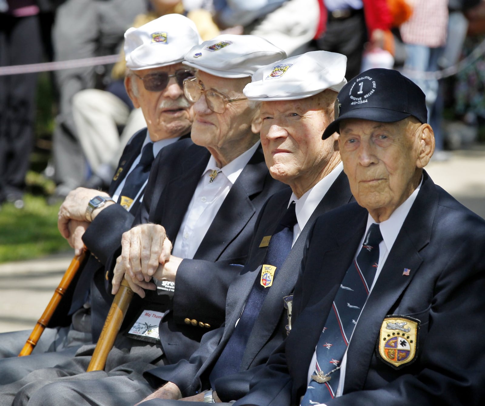 The 70th anniversary of the Doolittle Raid was commemorated at the National Museum of the United States Air Force on April 18, 2012. Four of the then five surviving crew members and former airmen attended the ceremony. From left to right: Retired Lt. Col. Edward J. Saylor, Maj. Thomas C. Griffin, Staff Sgt. David J. Thatcher, and Lt. Col. Richard E. Cole. Griffin died at age 96 in February 2013. —Staff Photo by Ty Greenlees