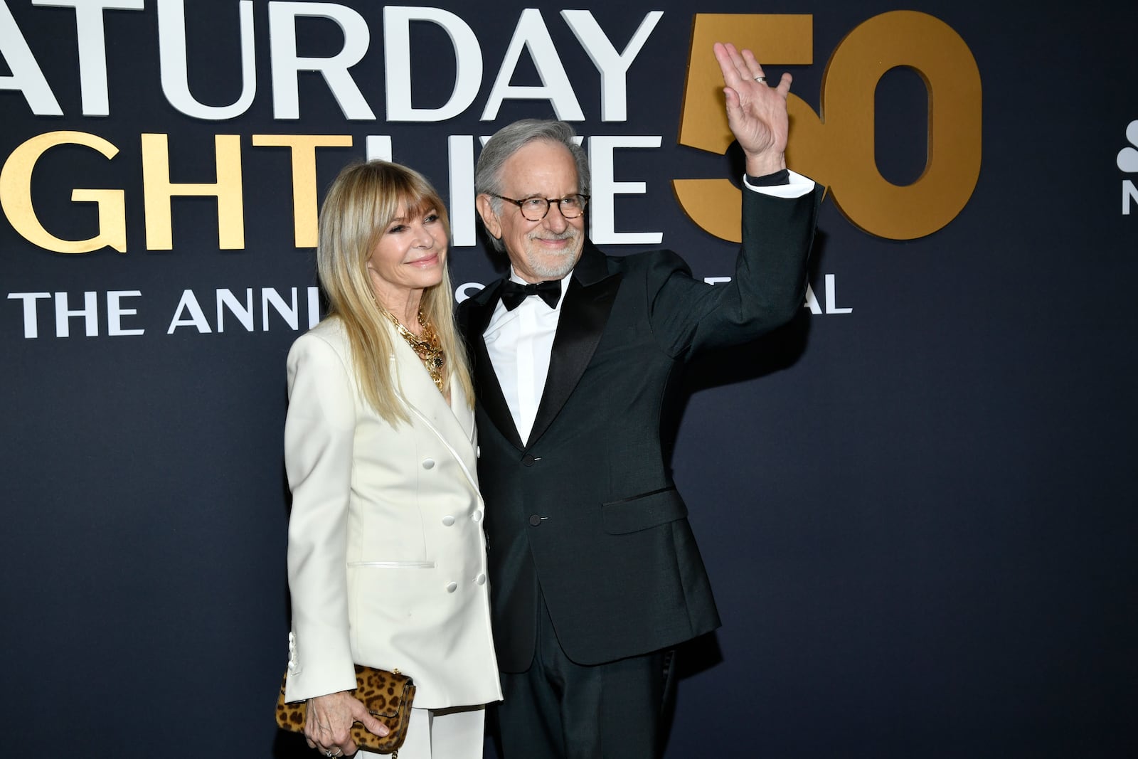 Kate Capshaw, left, and Steven Spielberg attend "SNL50: The Anniversary Special" at Rockefeller Plaza on Sunday, Feb. 16, 2025, in New York. (Photo by Evan Agostini/Invision/AP)