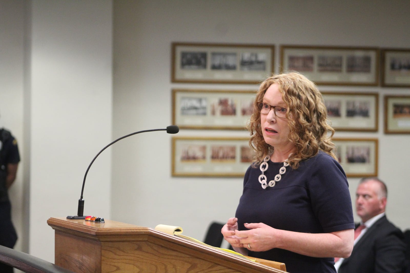 Jennifer Heapy, executive director of Greater Dayton Premier Management, speaks at a Dayton City Commission meeting on Aug. 30, 2023. CORNELIUS FROLIK / STAFF