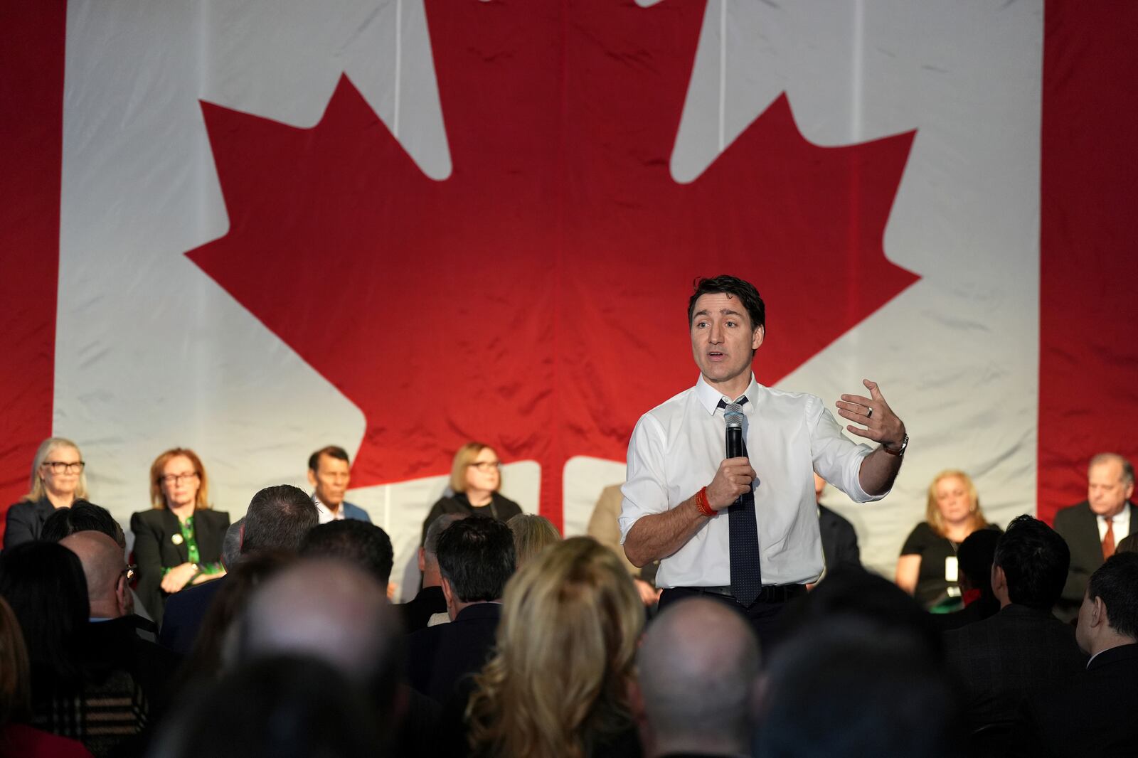 Prime Minister Justin Trudeau addresses a Canada-U.S. economic summit in Toronto, Friday, Feb. 7, 2025. (Frank Gunn /The Canadian Press via AP)