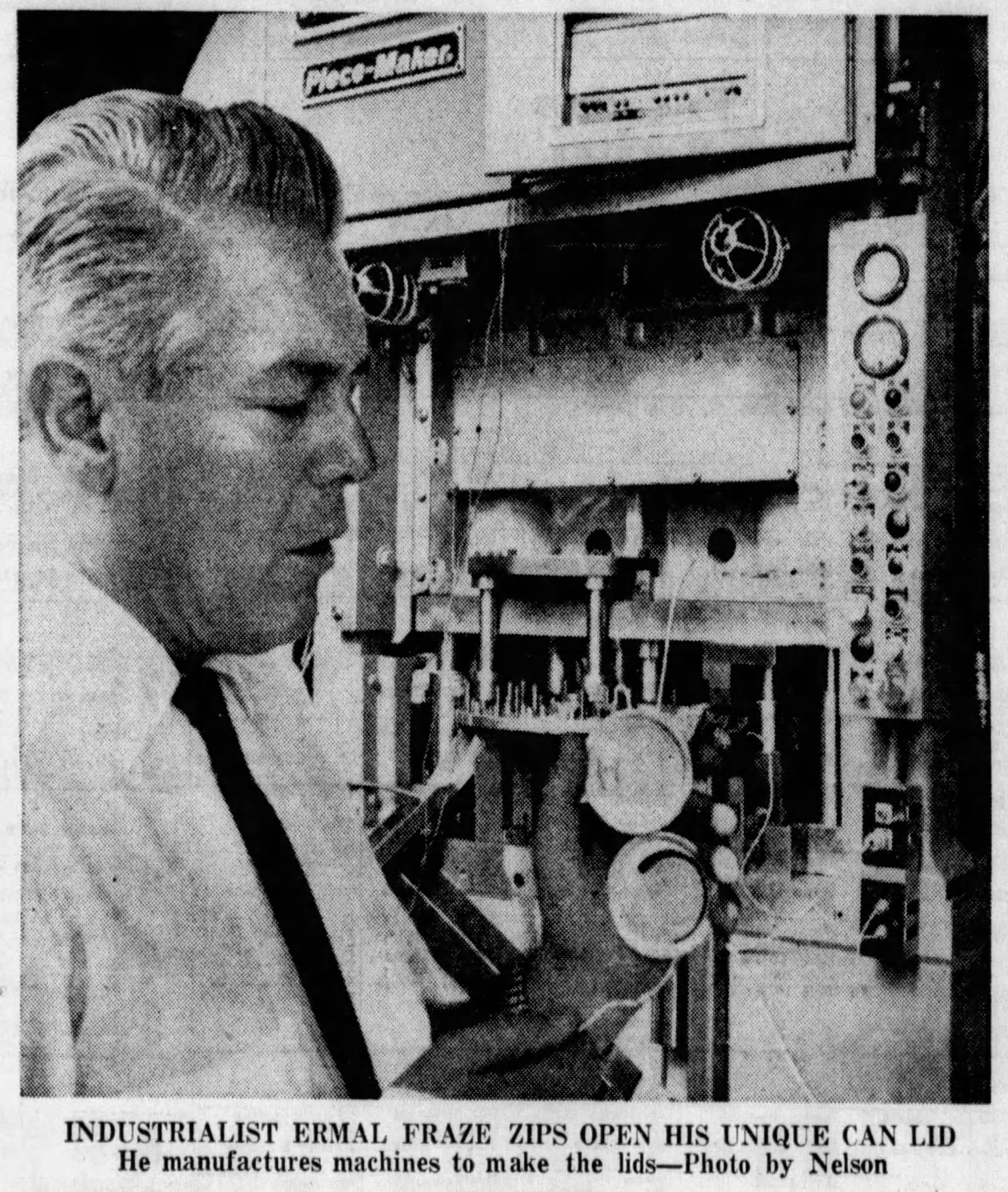 industrialist Ermal Fraze zips open his unique can lid. He manufactures machines to make the lids. DAYTON DAILY NEWS ARCHIVES 1963.