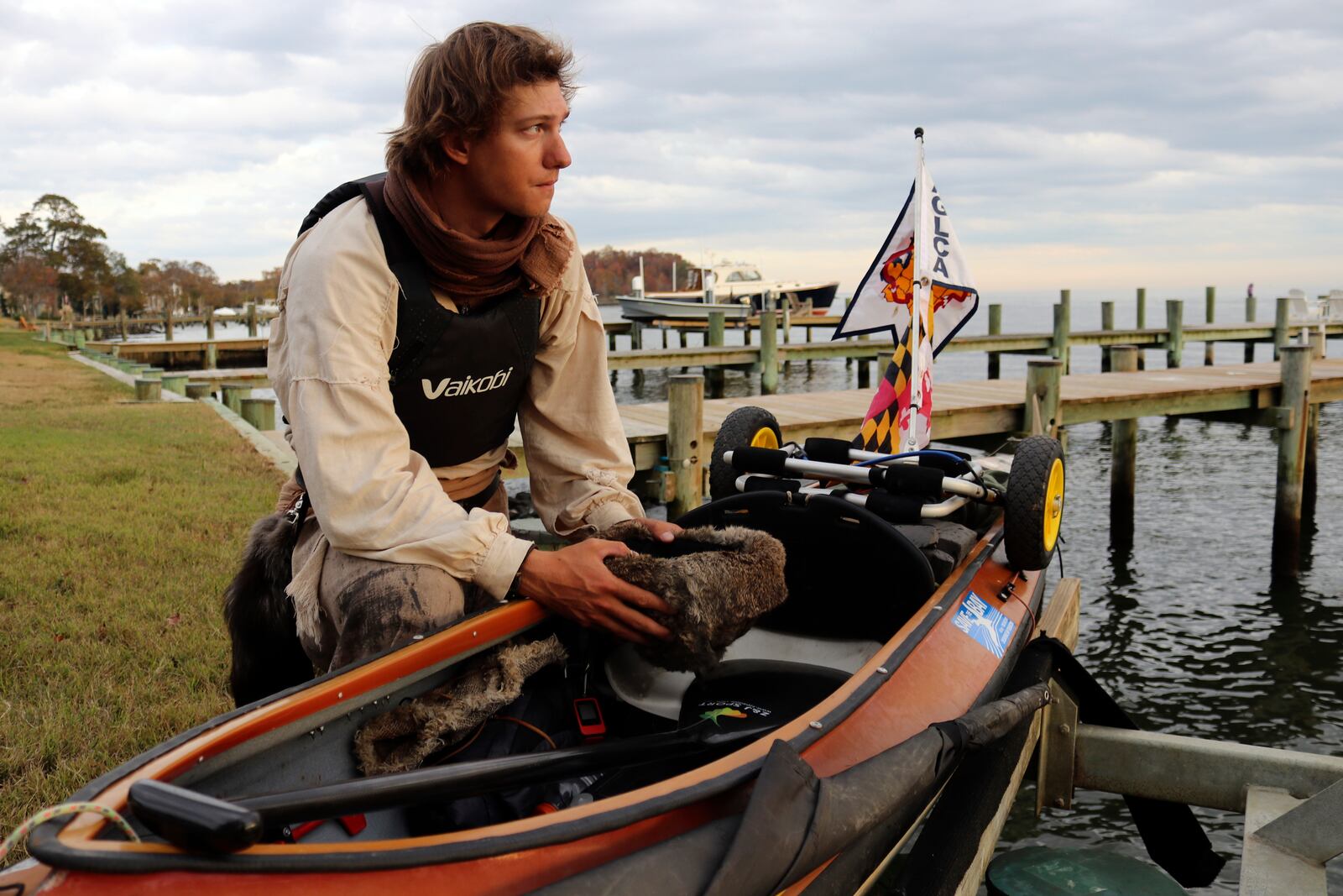 Peter Frank looks out over waters near Chesapeake Bay as he talks about resuming his voyage along the Great Loop during a stop in Annapolis, Md., Nov. 7, 2024. (AP Photo/Brian Witte)