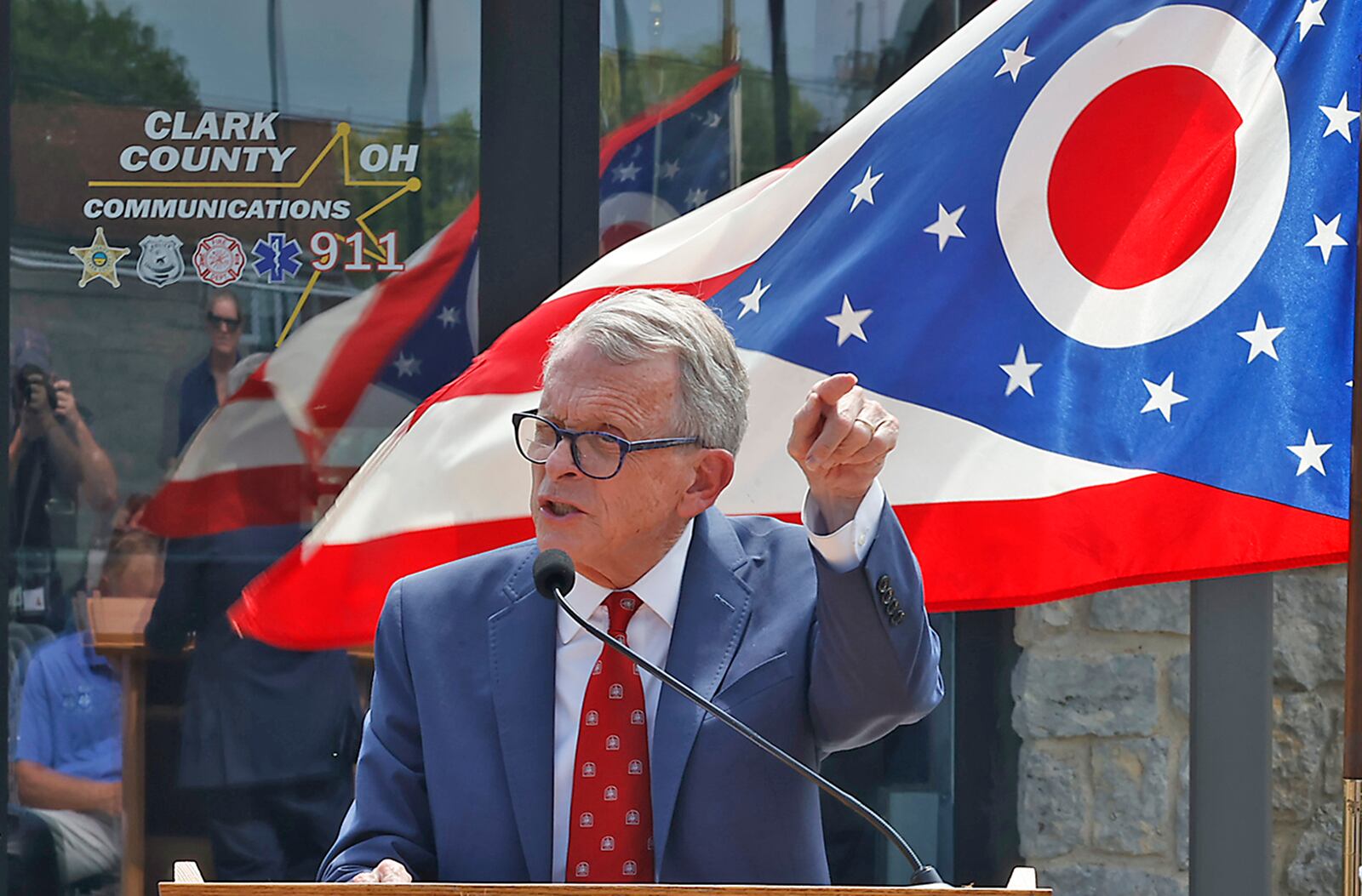 Ohio Governor Mike DeWine speaks during the dedication ceremony of the new Clark County Dispatch Center Friday, August 25, 2023. BILL LACKEY/STAFF