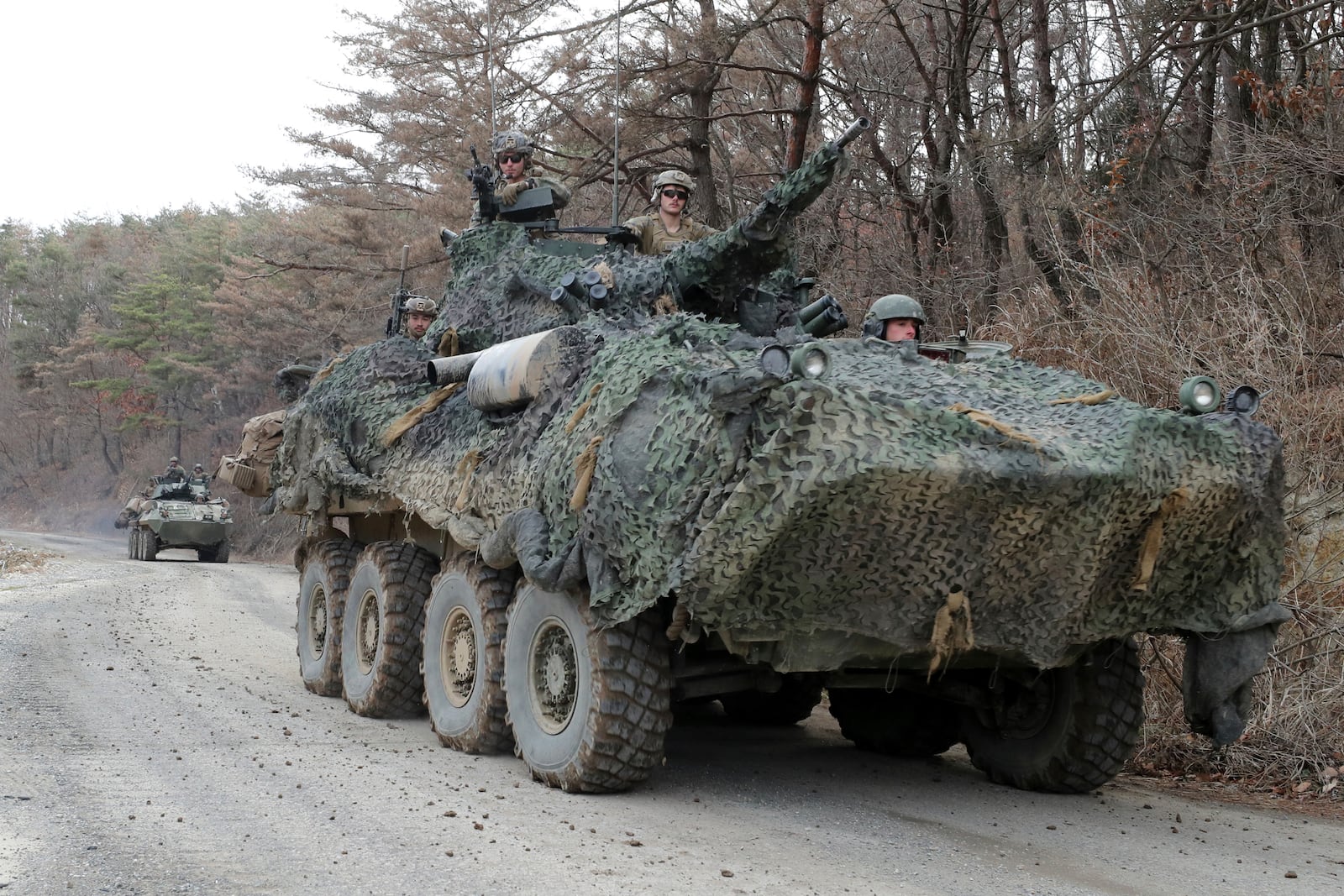 U.S. marines's Light Armored Vehicles move during a joint military exercise between South Korea and the United States in Pohang, South Korea, Thursday, March 6, 2025. (Son Dae-sung/Yonhap via AP)