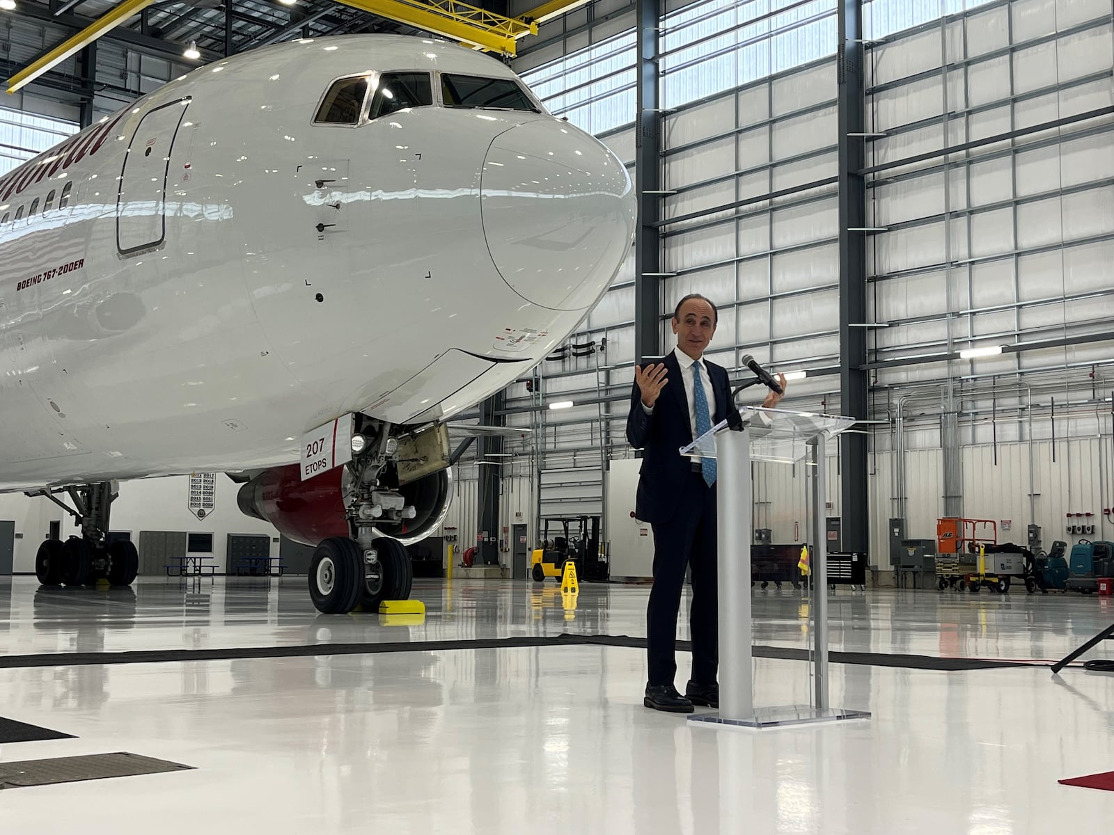 Faith Ozmen, CEO and co-owner of Sierra Nevada Corp., speaks at a ribbon-cutting event for a new maintenance, repair and overhaul facility at the Dayton International Airport on Wednesday, Feb. 8, 2023. CORNELIUS FROLIK / STAFF