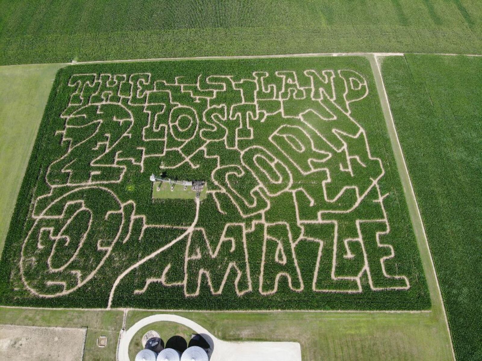 An aerial shot of VanDemark Farm's Lostland Corn Maze.