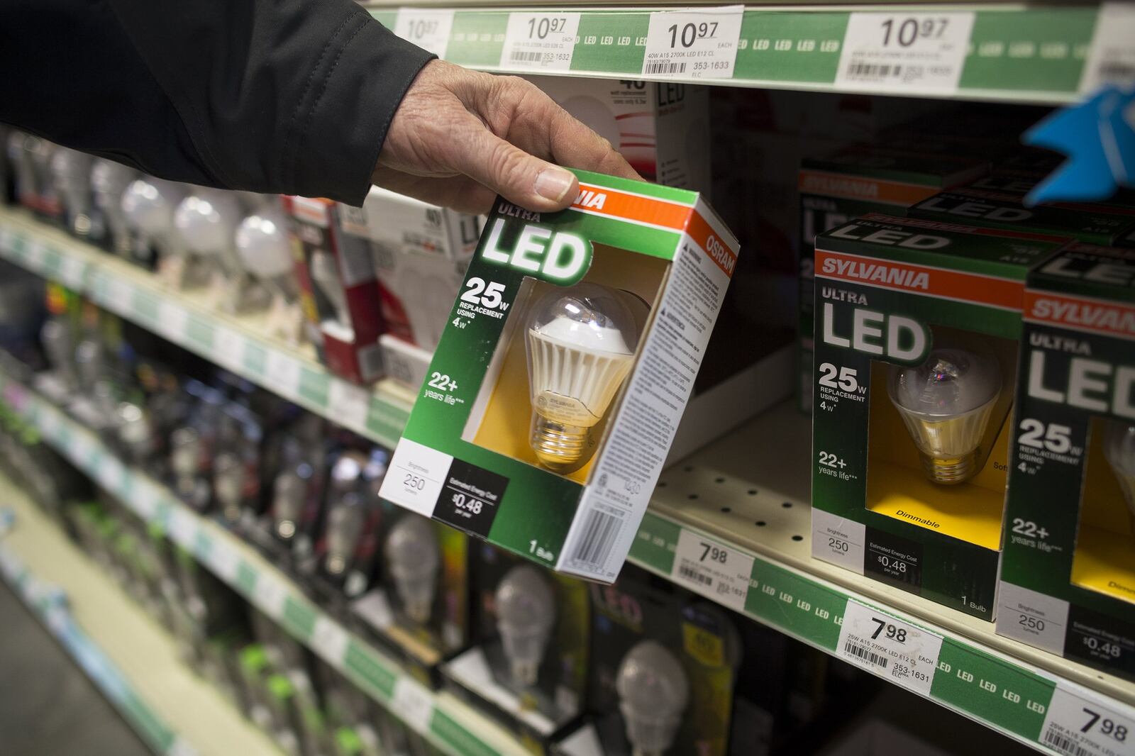 A shopper at Menards in St. Paul, Minn., checks out an LED light from Sylvania priced at just under $8. Prices of LED lights have been coming down. (Aaron Lavinsky/Minneapolis Star Tribune/TNS)